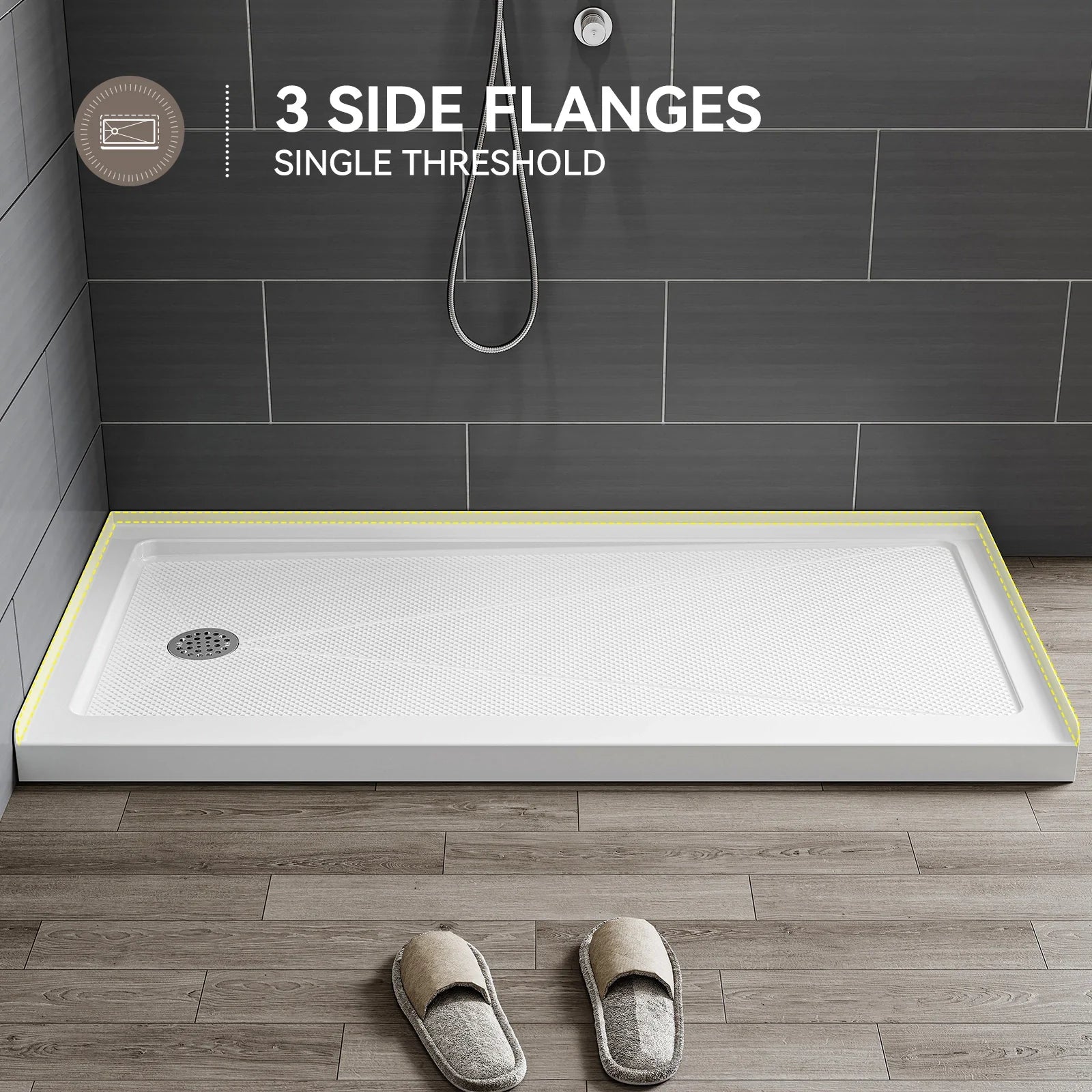 HOROW Acrylic Shower Base with Wider Threshold and Chrome Left Drain model BS6030-CH-L