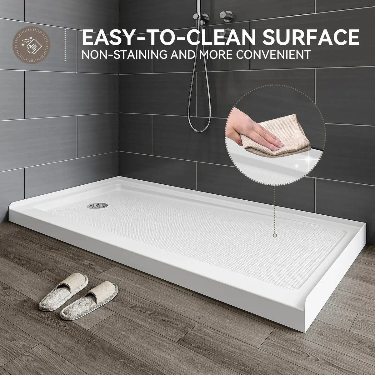 HOROW Acrylic Shower Base with Wider Threshold and Chrome Left Drain model BS6030-CH-L HOROW