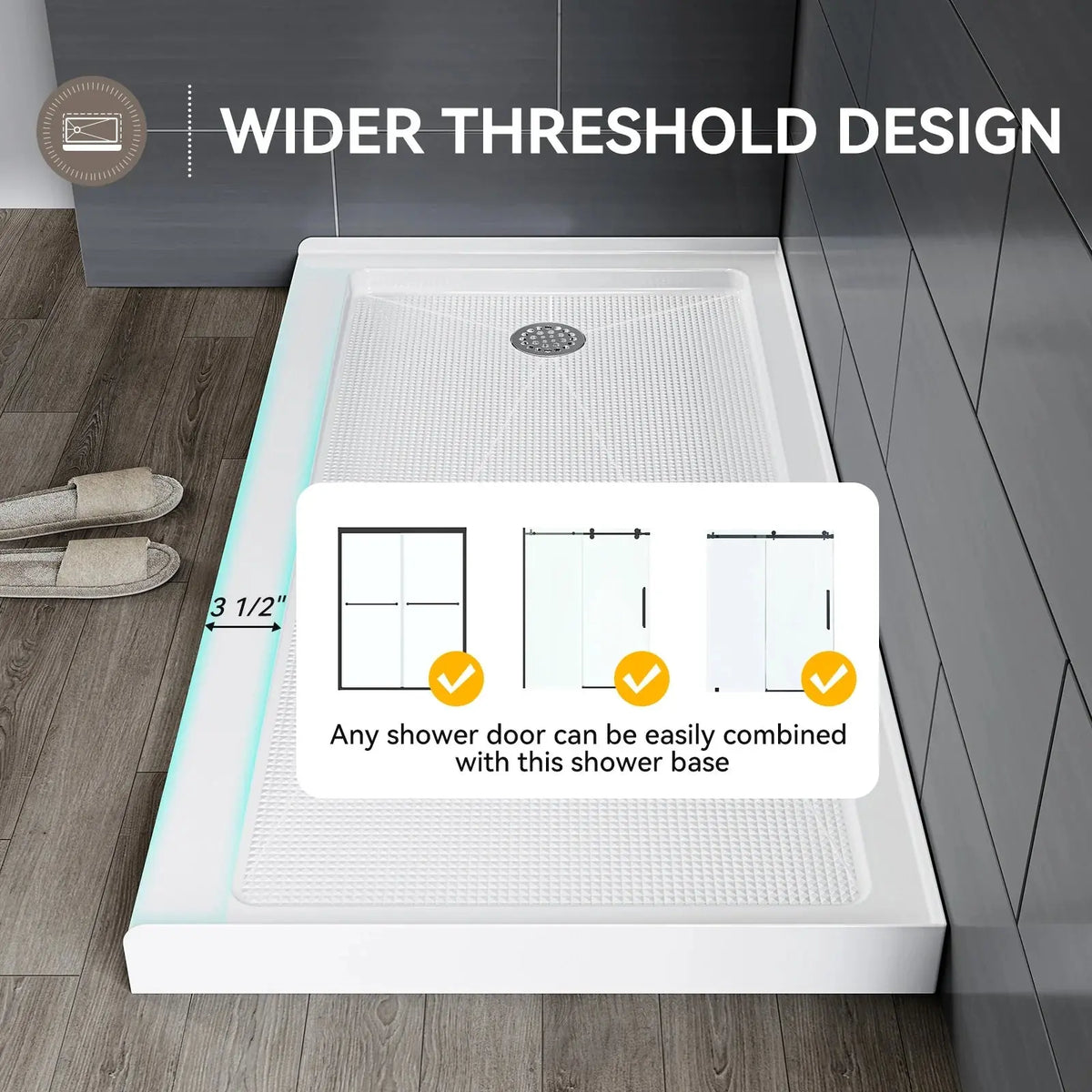 HOROW Acrylic Shower Base with Wider Threshold and Chrome Left Drain model BS6030-CH-L HOROW