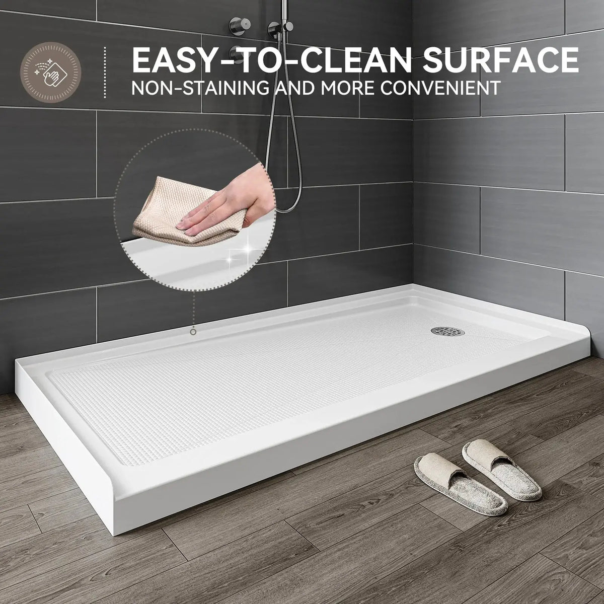 60 Inch Acrylic Shower Pan with Wider Threshold and Chrome Right Drain model BS6030-CH-R HOROW