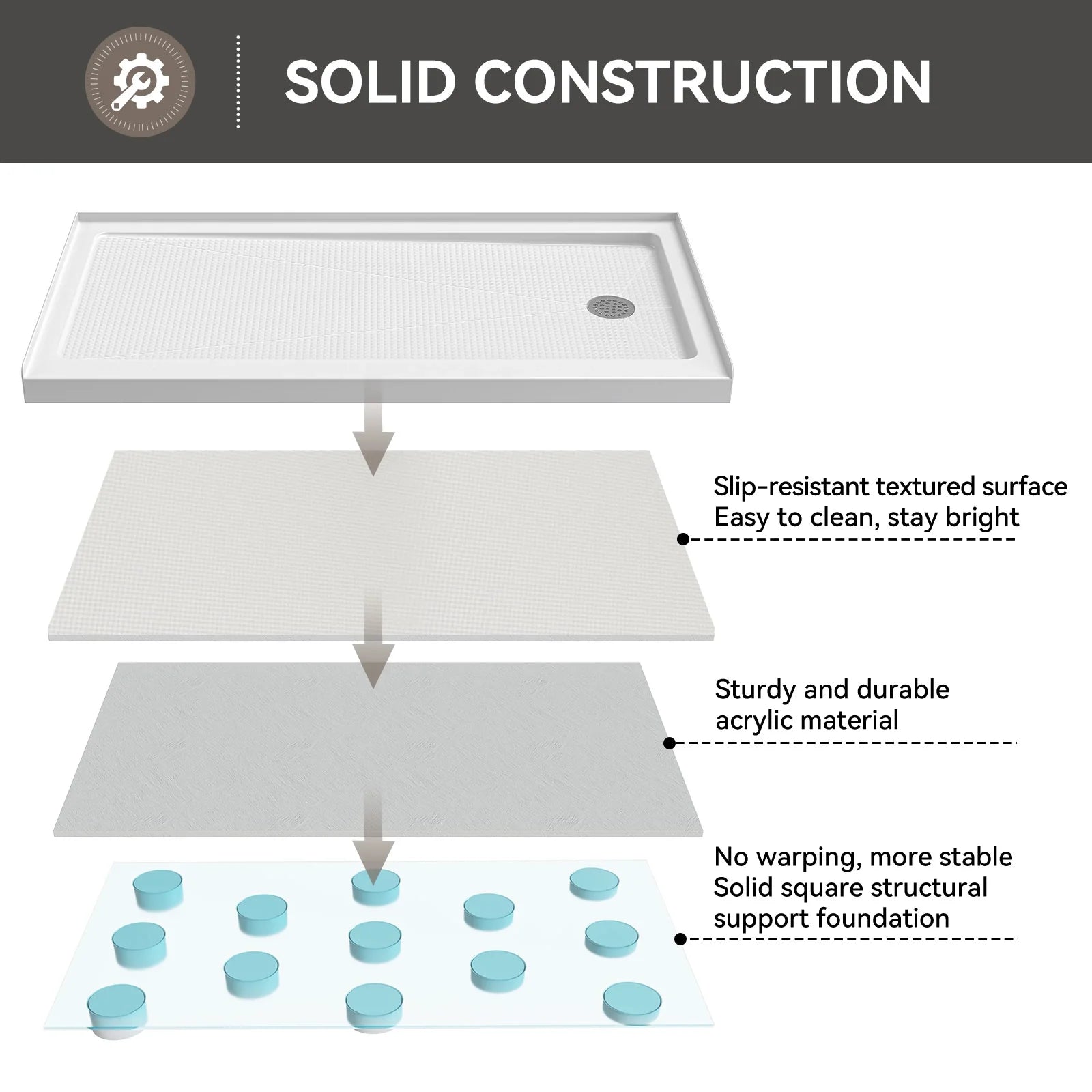 60 Inch Acrylic Shower Pan with Wider Threshold and Chrome Right Drain model BS6030-CH-R