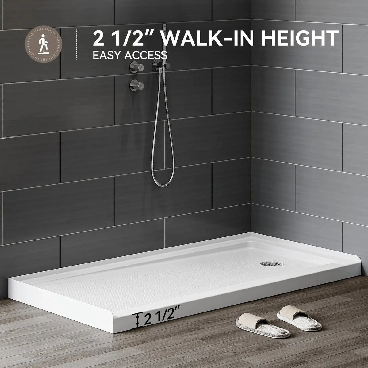 60 Inch Acrylic Shower Pan with Wider Threshold and Chrome Right Drain model BS6030-CH-R HOROW