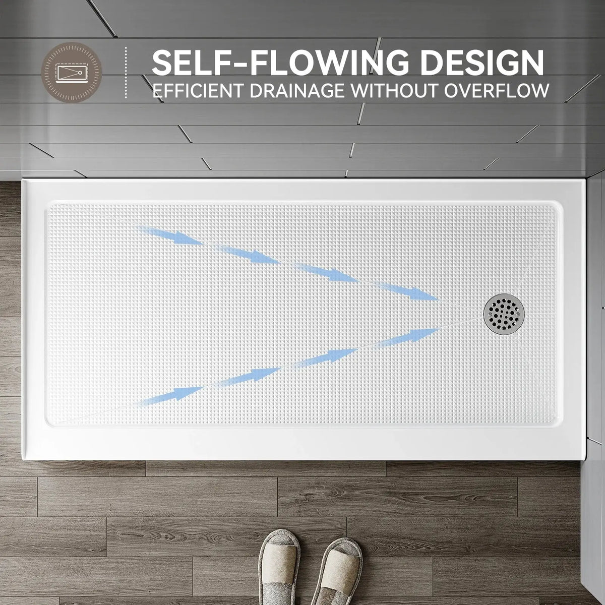 60 Inch Acrylic Shower Pan with Wider Threshold and Chrome Right Drain model BS6030-CH-R HOROW