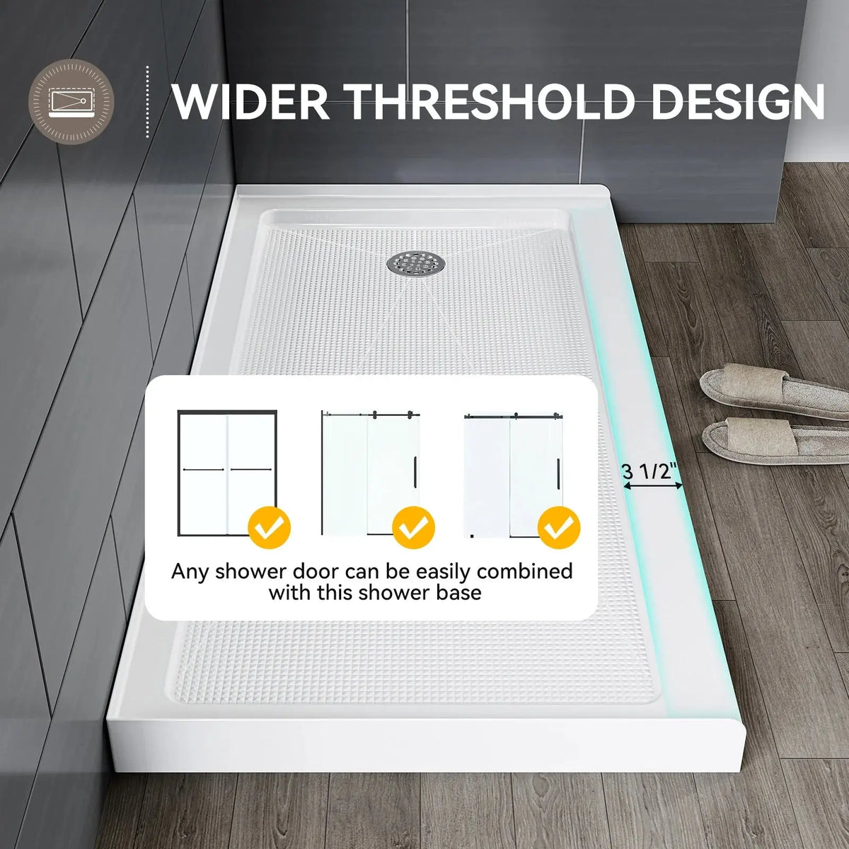 60 Inch Acrylic Shower Pan with Wider Threshold and Chrome Right Drain model BS6030-CH-R HOROW