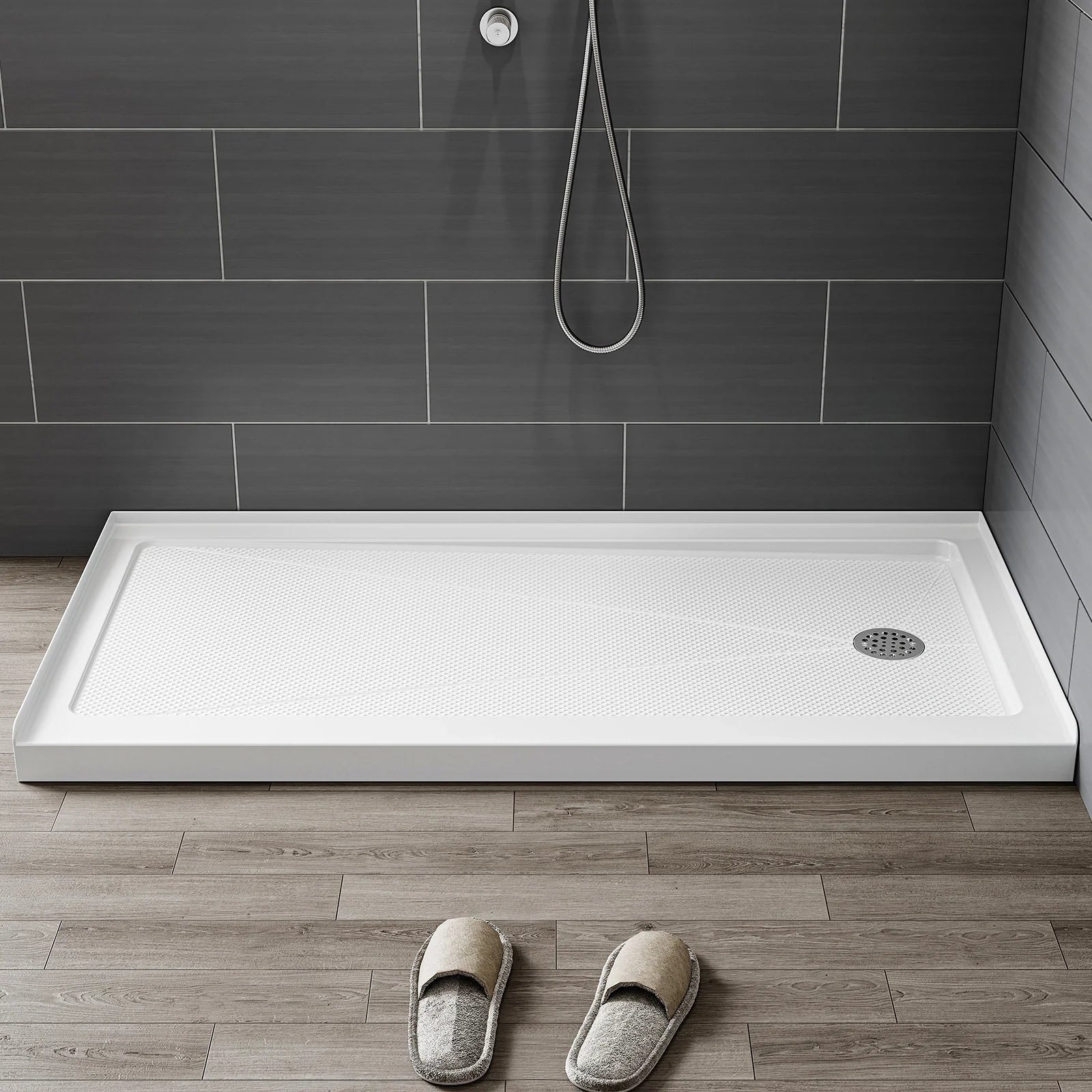 60 Inch Acrylic Shower Pan with Wider Threshold and Chrome Right Drain model BS6030-CH-R