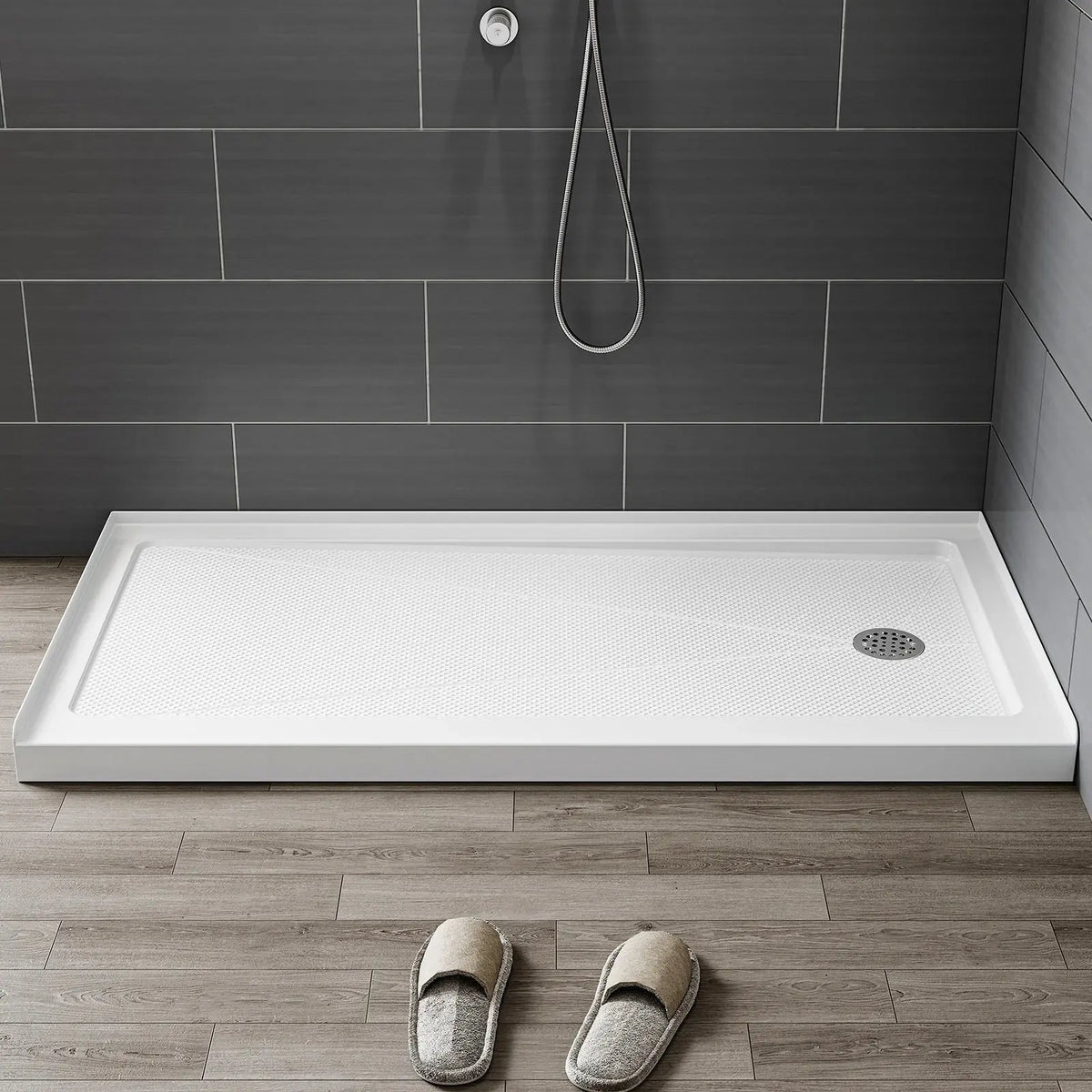 60 Inch Acrylic Shower Pan with Wider Threshold and Chrome Right Drain model BS6030-CH-R HOROW