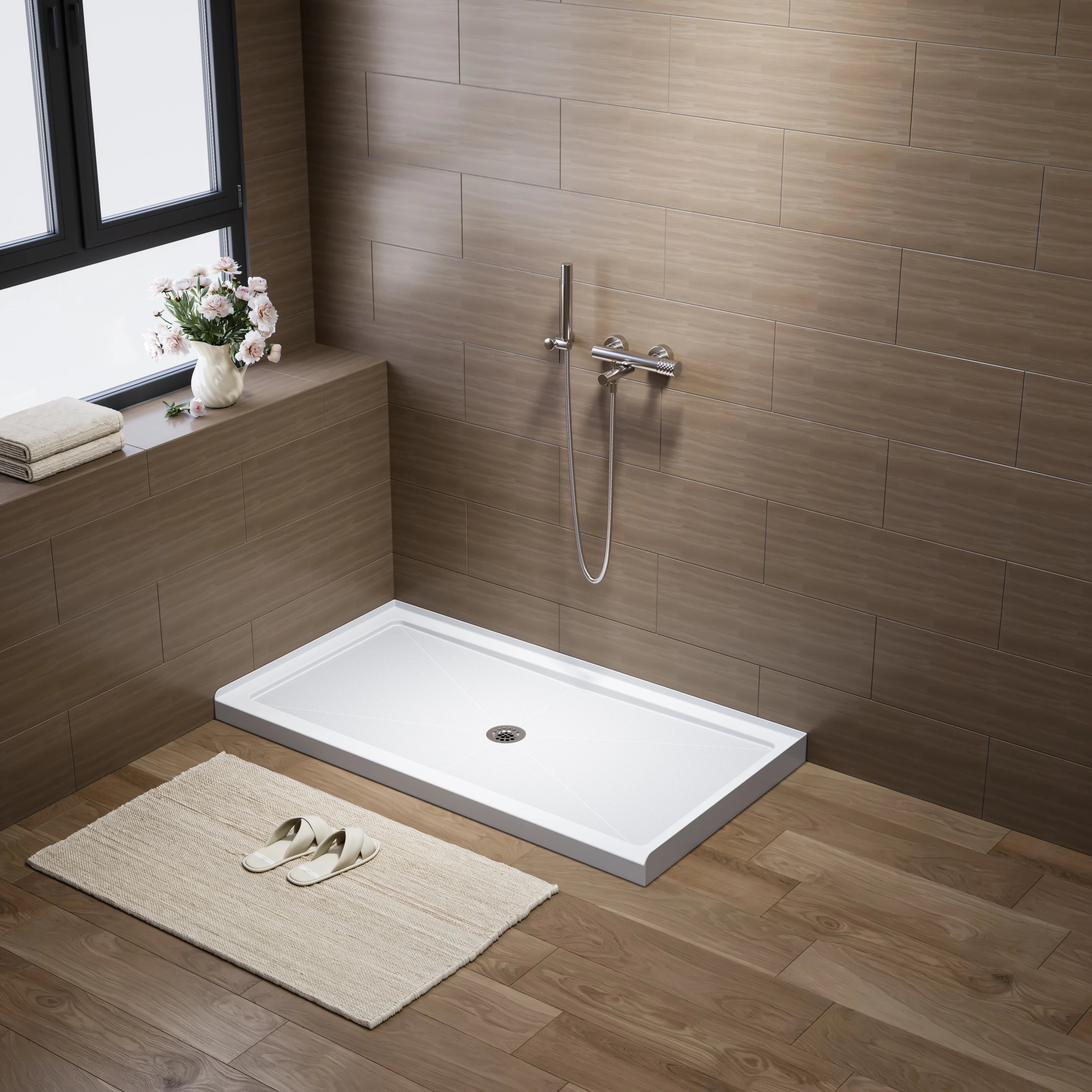 HOROW 60 Inch Acrylic Shower Pan with Chrome Center Drainage Model BS6032-CH