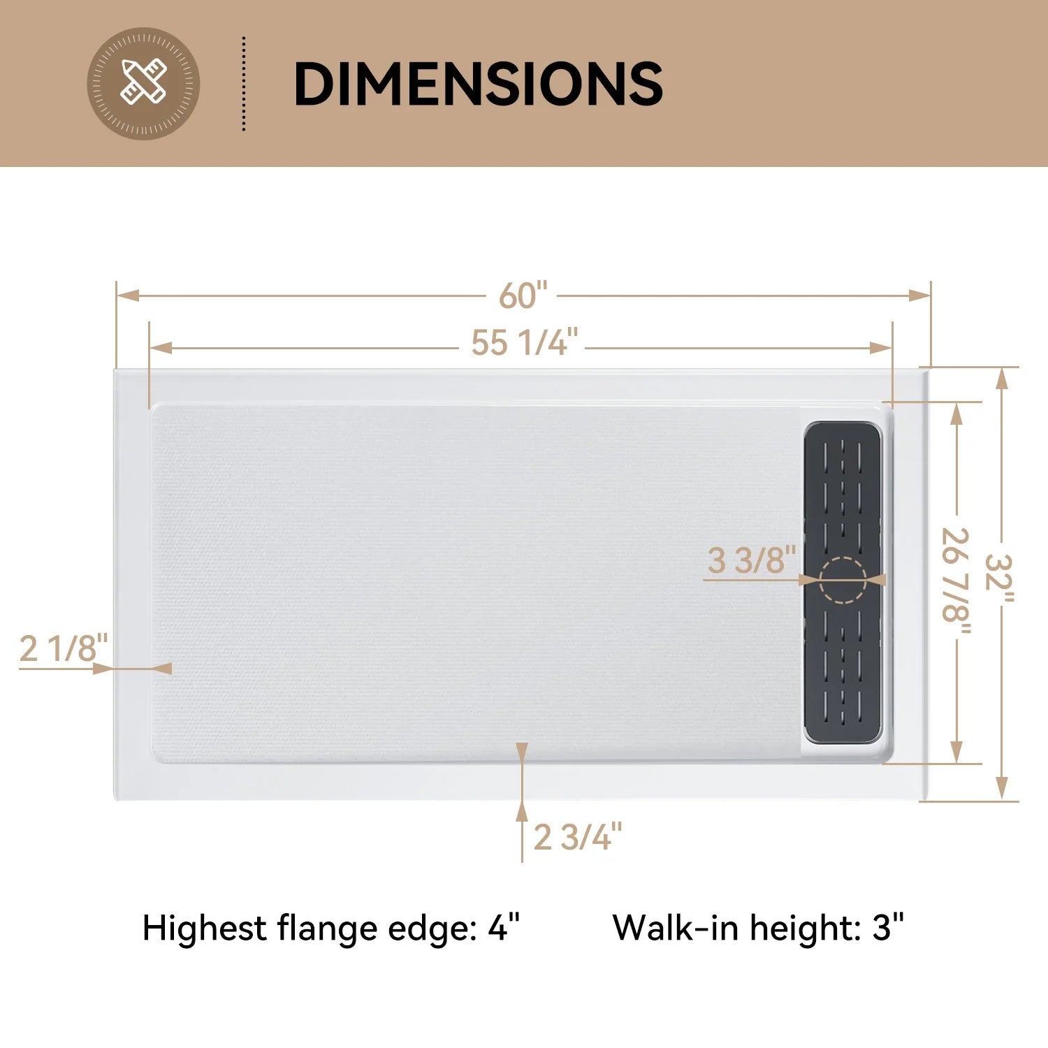 HOROW Acrylic Shower Pan with Right Drain Model BS6032-MB-R
