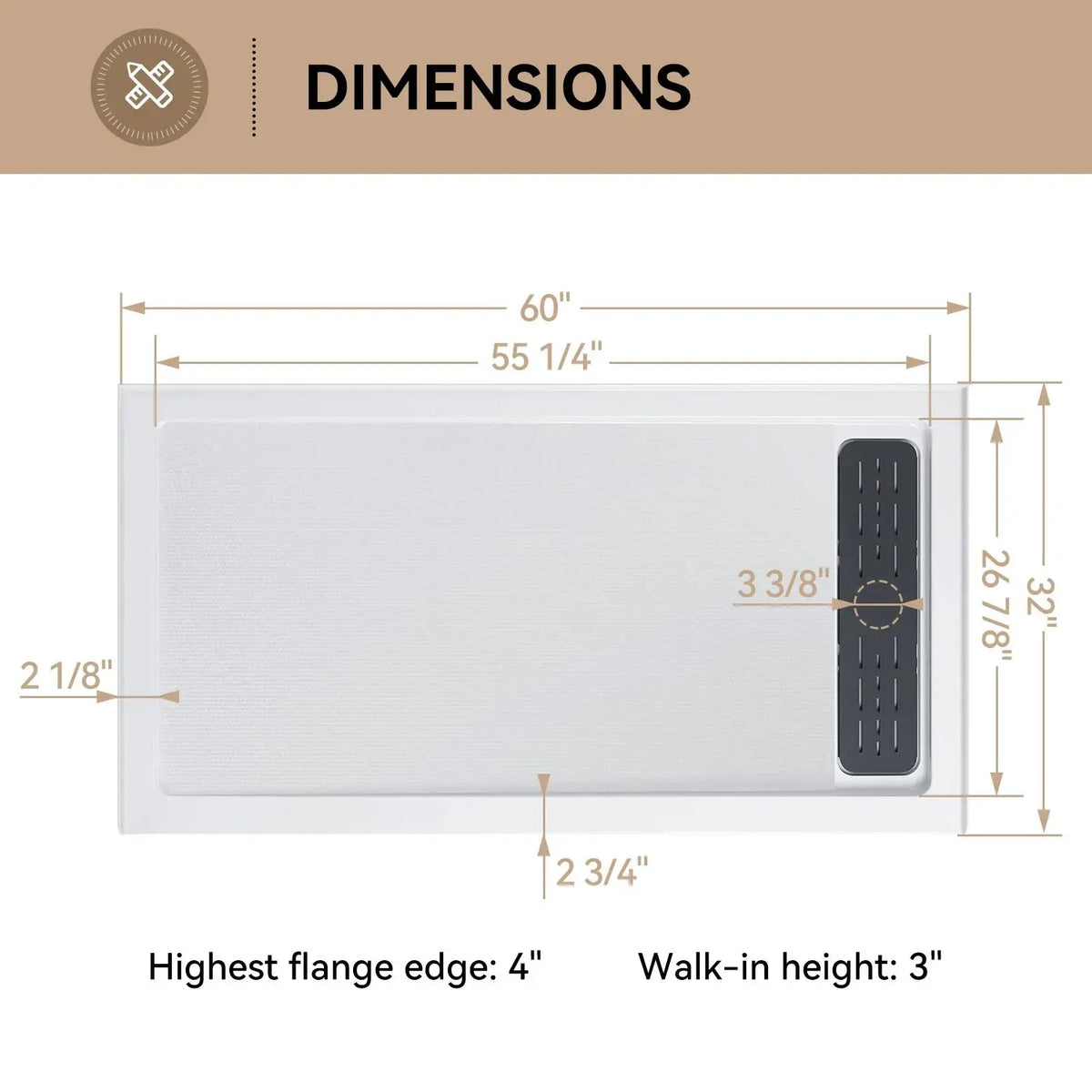 HOROW Acrylic Shower Pan with Right Drain Model BS6032-MB-R HOROW