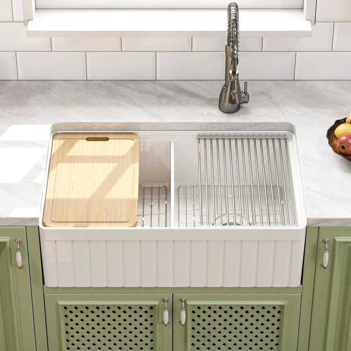 HOROW 33" Double Bowl Ceramic Kitchen Sink with Drainboard HOROW