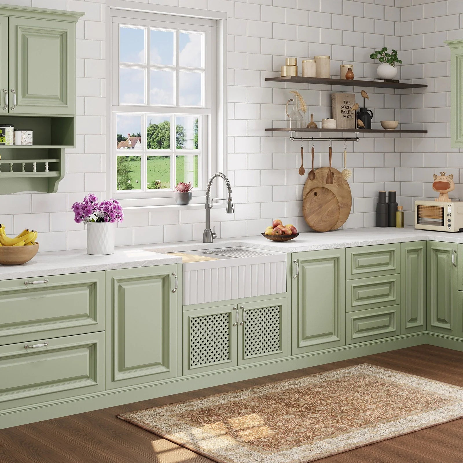 HOROW 33" Double Bowl Ceramic Kitchen Sink with Drainboard