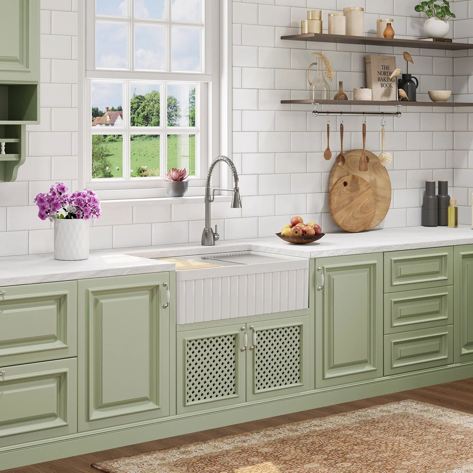 HOROW 33" Double Bowl Ceramic Kitchen Sink with Drainboard