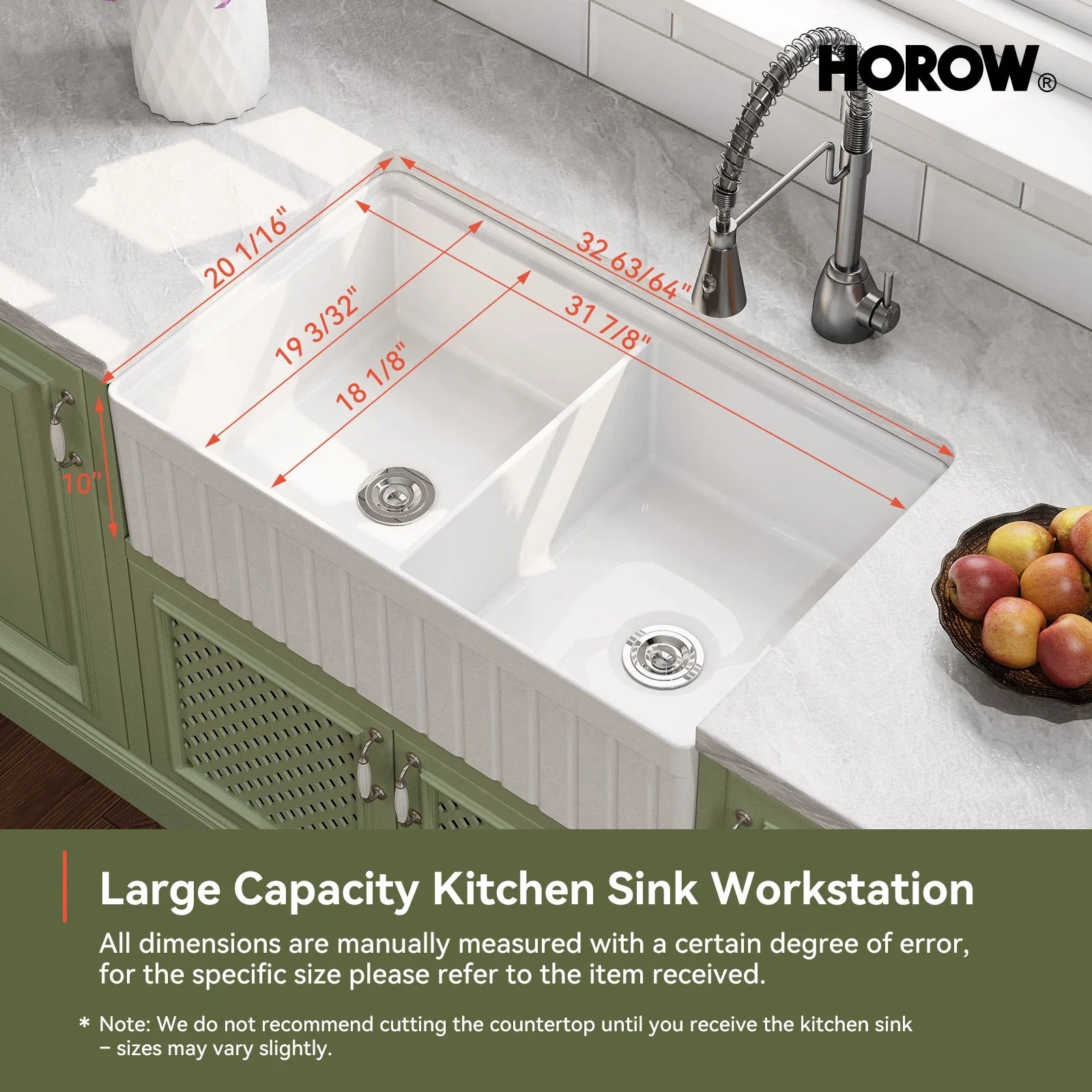 HOROW 33" Double Bowl Ceramic Kitchen Sink with Drainboard