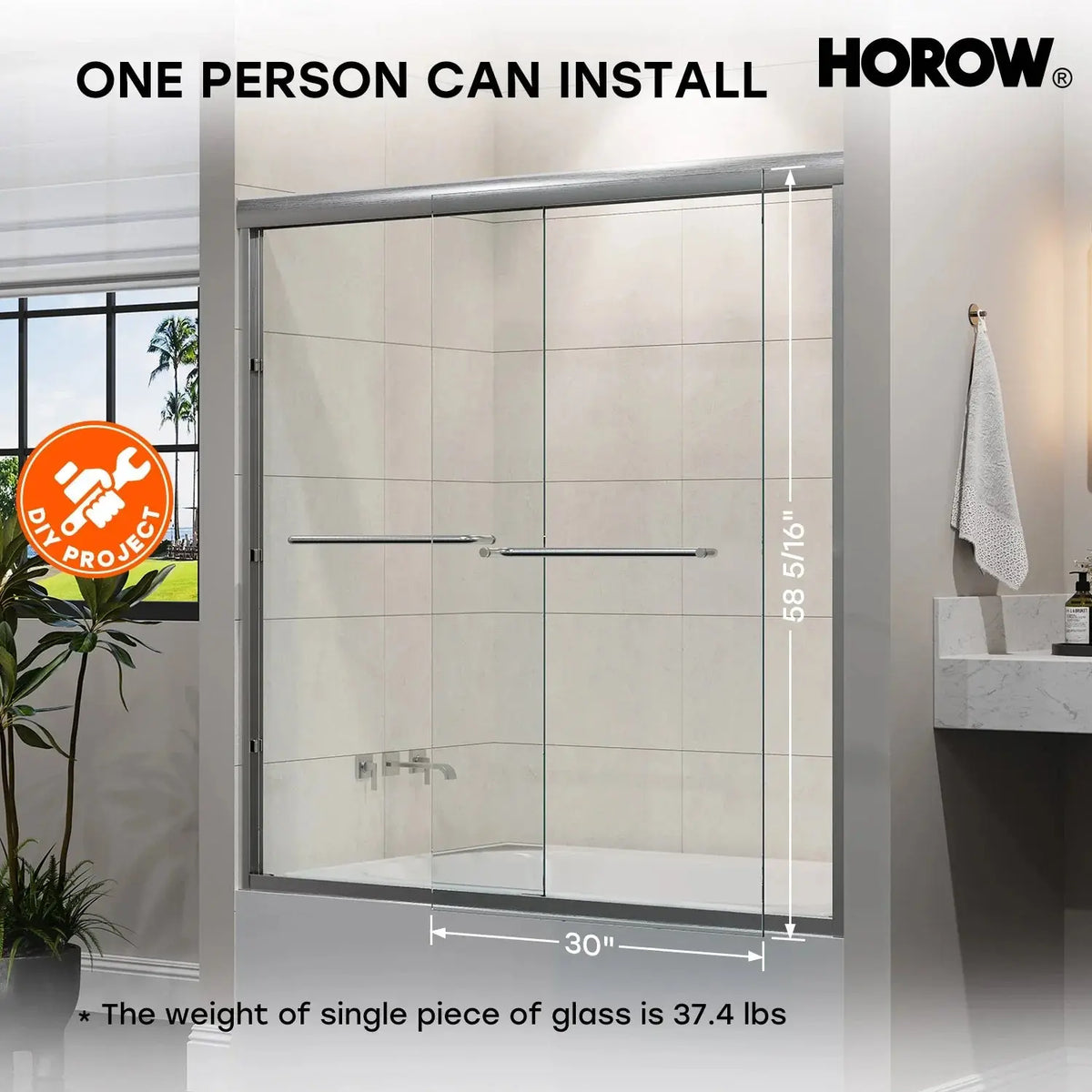 60 Inch Brushed Nickel Bathtub Glass Door – 1/4" Tempered Glass, Model BE6060-BN HOROW