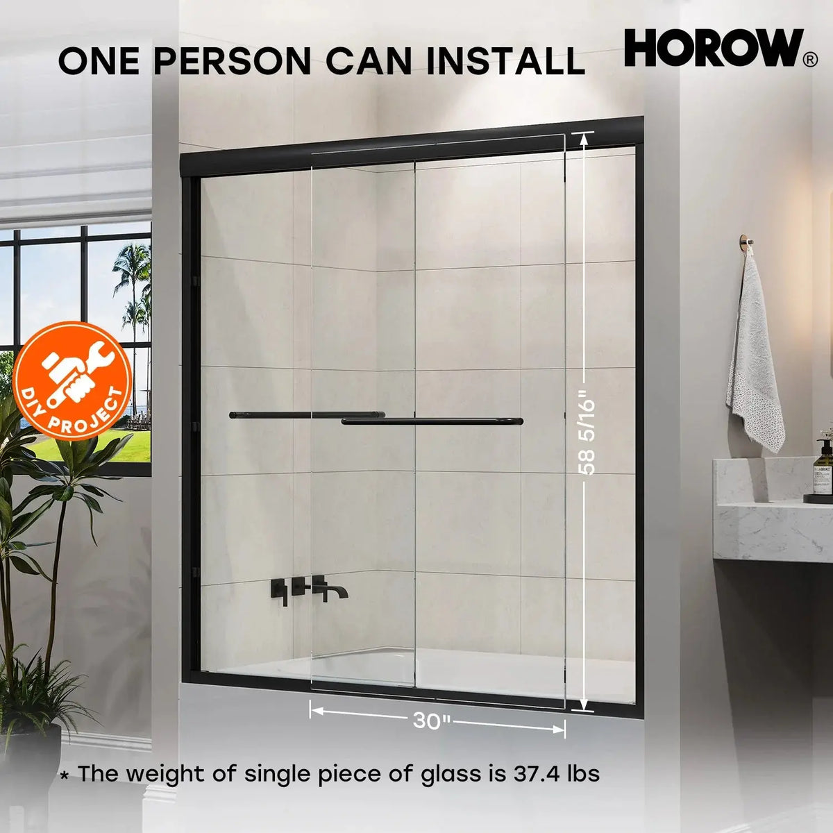 60 Inch Matte Black Bathtub Shower Door – BE6060-MB with Anti-Jumping Glass HOROW