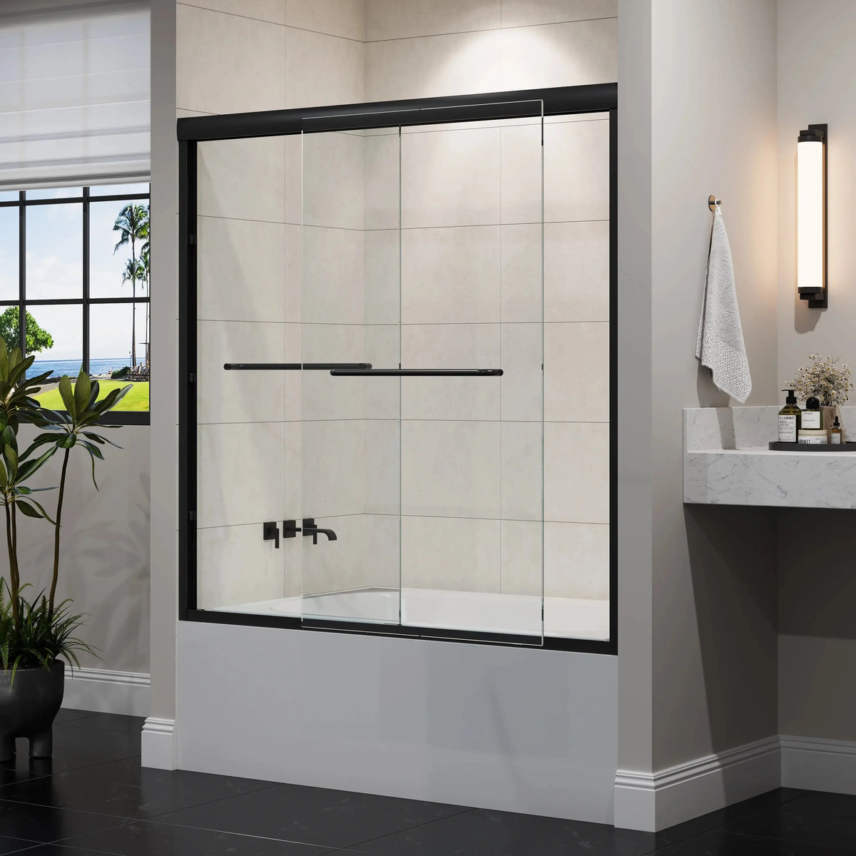 60 Inch Matte Black Bathtub Shower Door – BE6060-MB with Anti-Jumping Glass HOROW