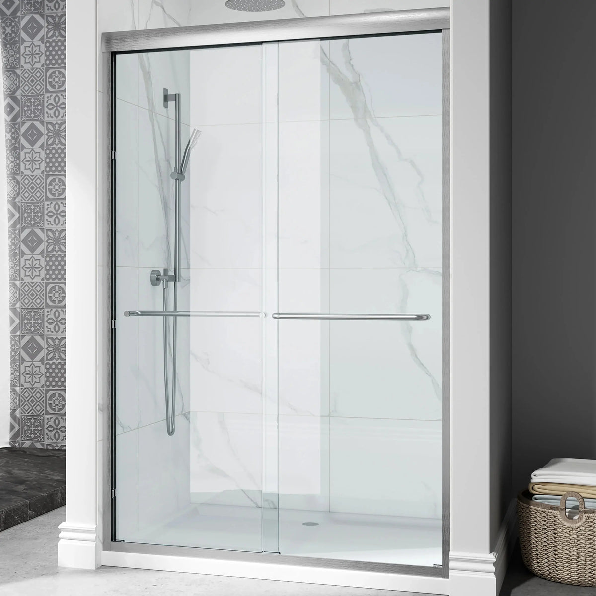 Brushed Nickel Double Sliding Shower Door with Wet-Dry Separation Model HR4872-BN HOROW