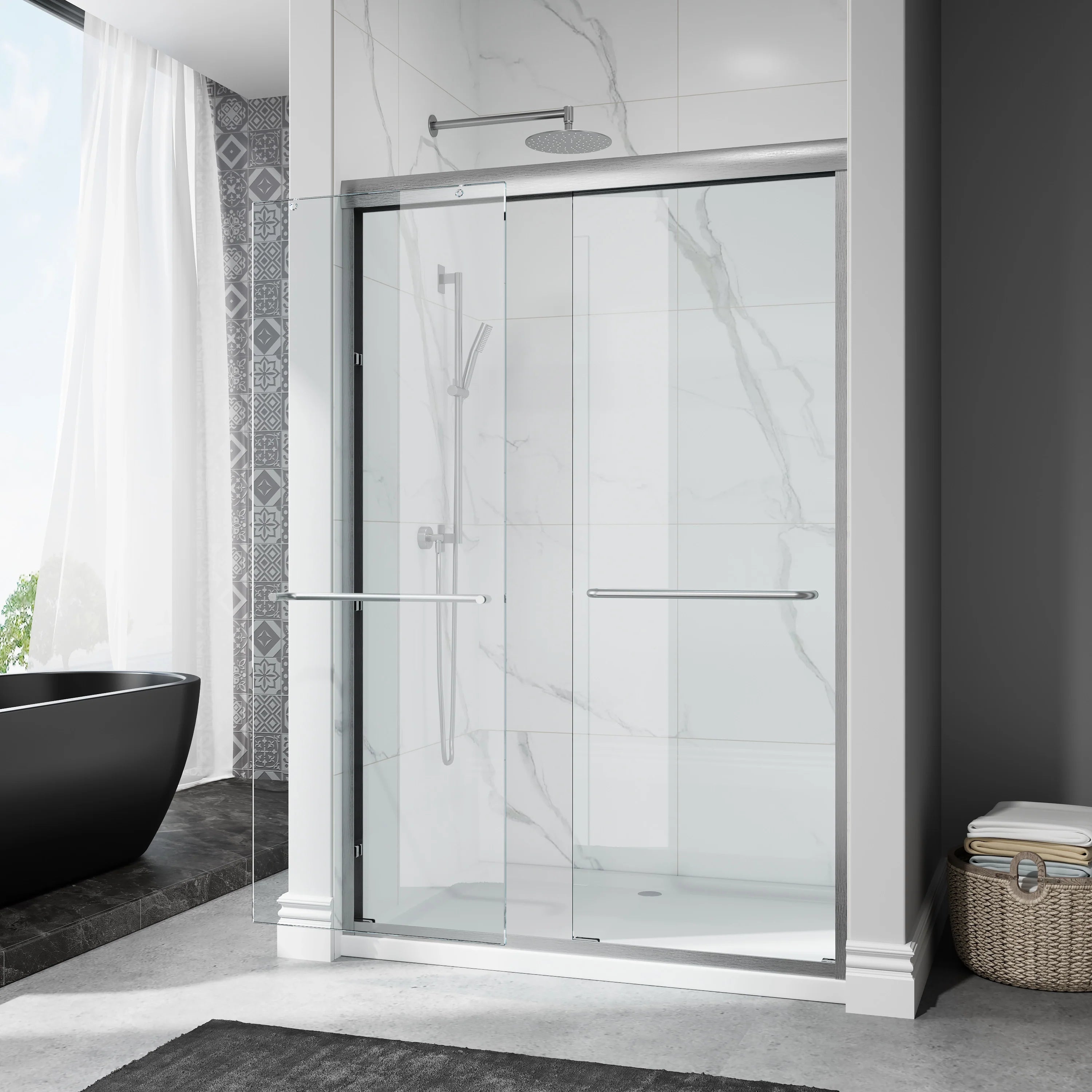 Brushed Nickel Double Sliding Shower Door with Wet-Dry Separation Model HR4872-BN