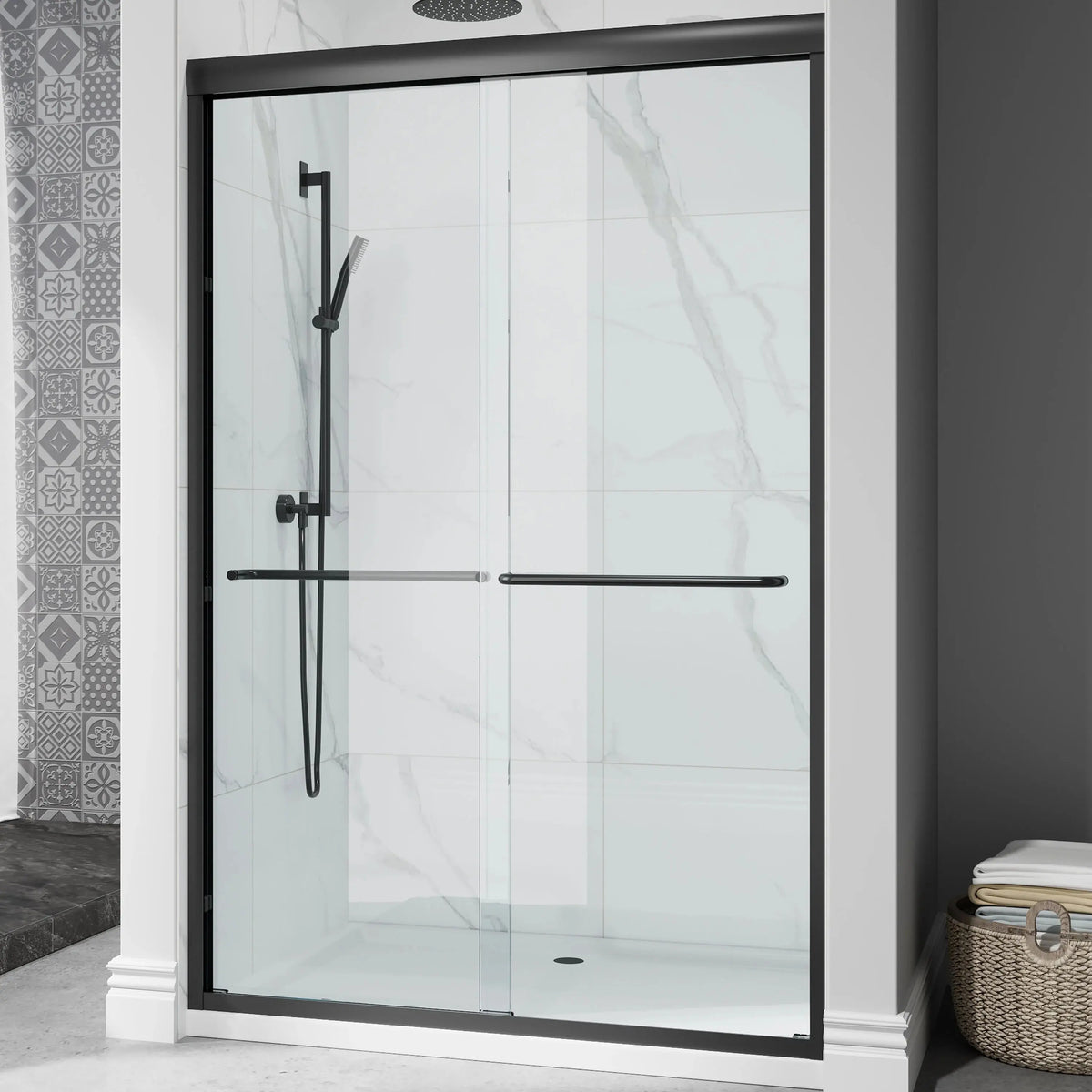 Matte Black Double Sliding Shower Door – Model HR4872-MB, 1/4" Thick Glass HOROW