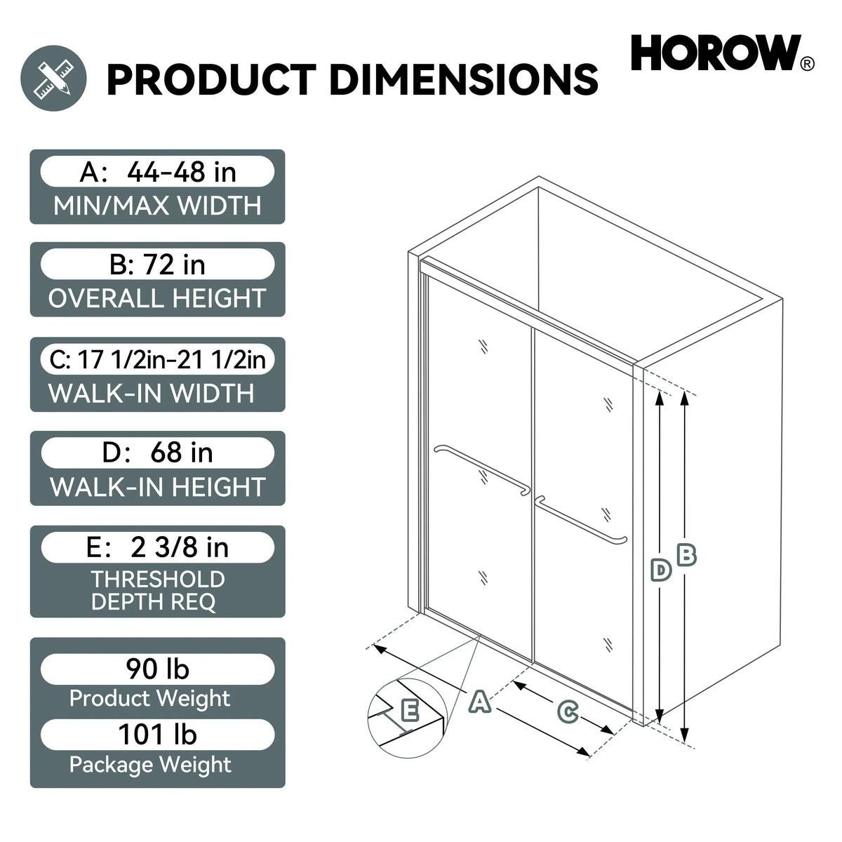 Matte Black Double Sliding Shower Door – Model HR4872-MB, 1/4" Thick Glass HOROW