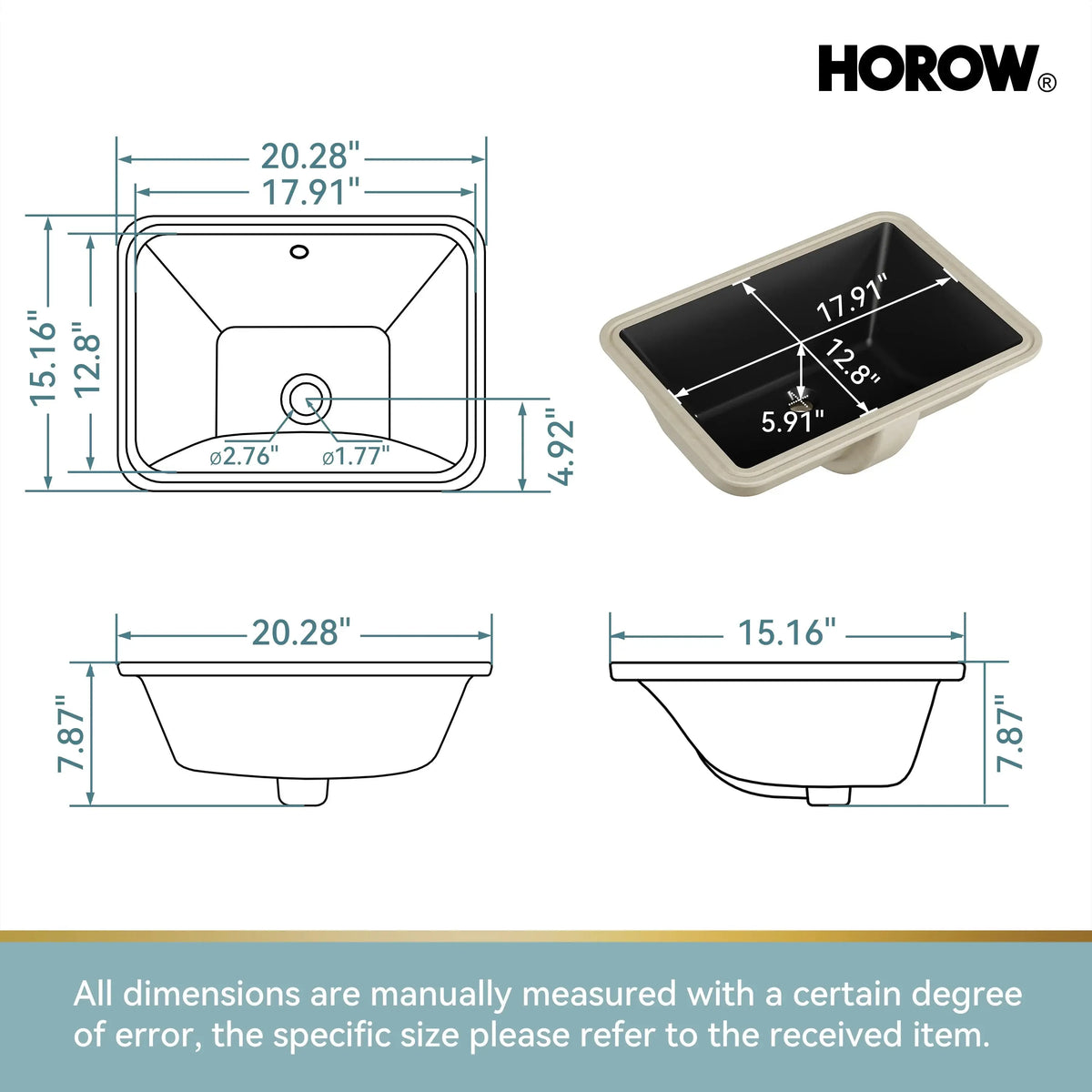 Black Undermount Rectangle Bathroom Sink with Overflow – HWTP-S5138D-B HOROW