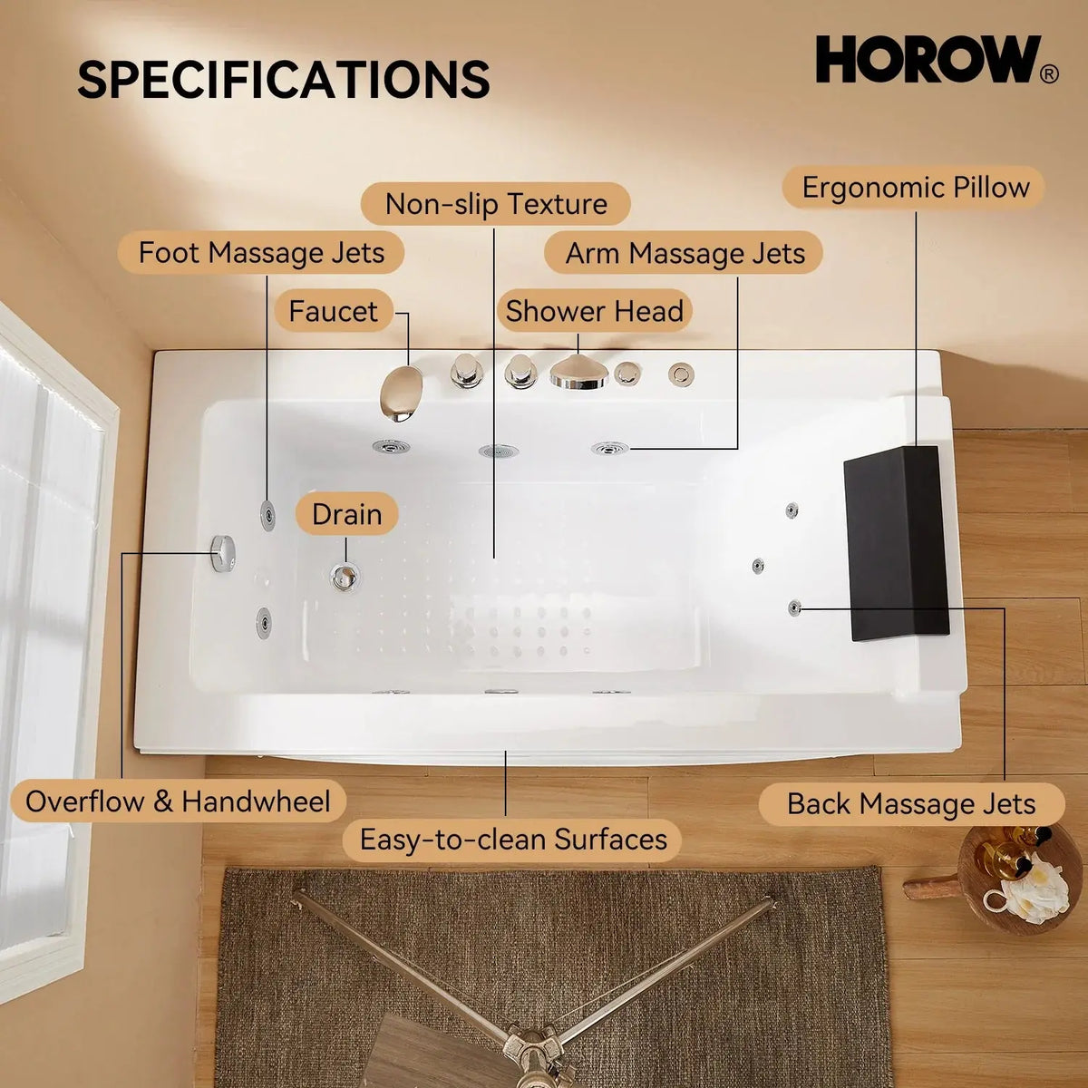 59 Inch Whirlpool Bathtub with Light and Shower Head Model M59-L HOROW