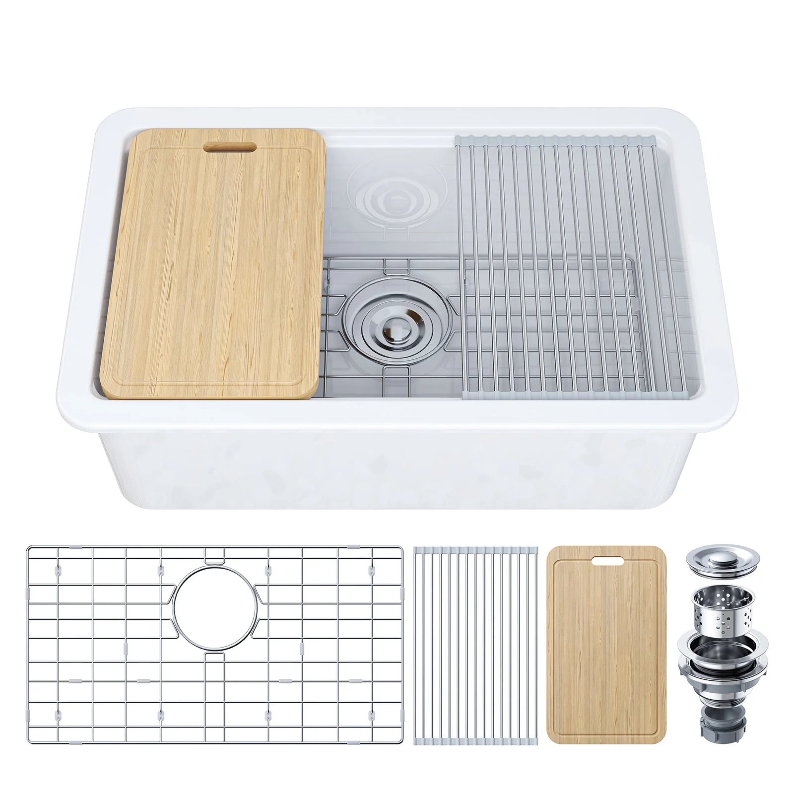30 Inch Top Mount Kitchen Sink with Drainboard – Creamic Single Bowl