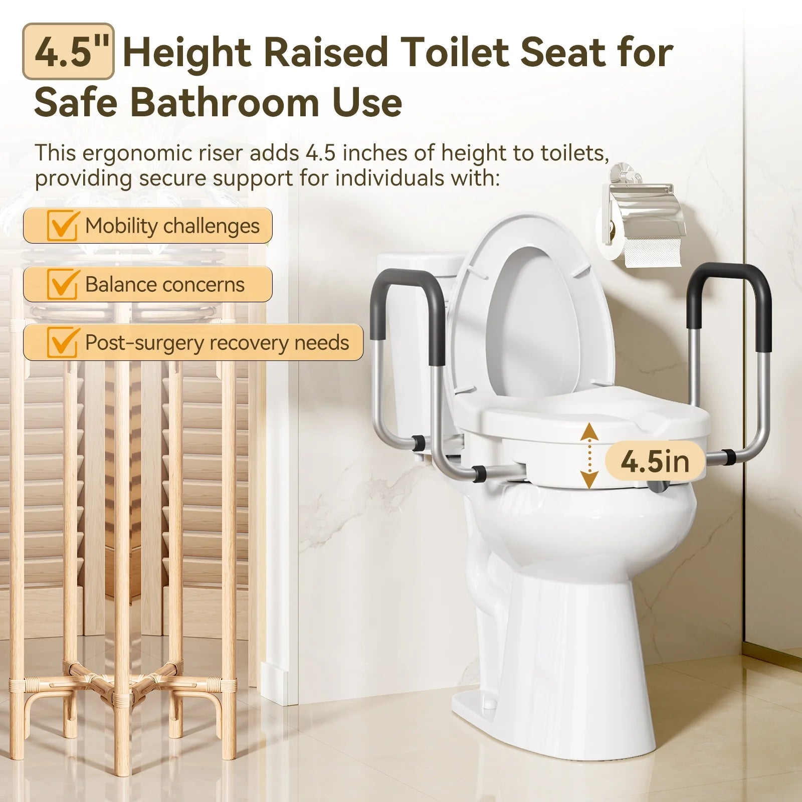 4.5-Inch Elongated Toilet Seat Riser with Arms – Elevated Toilet Seat for Safety & Comfort