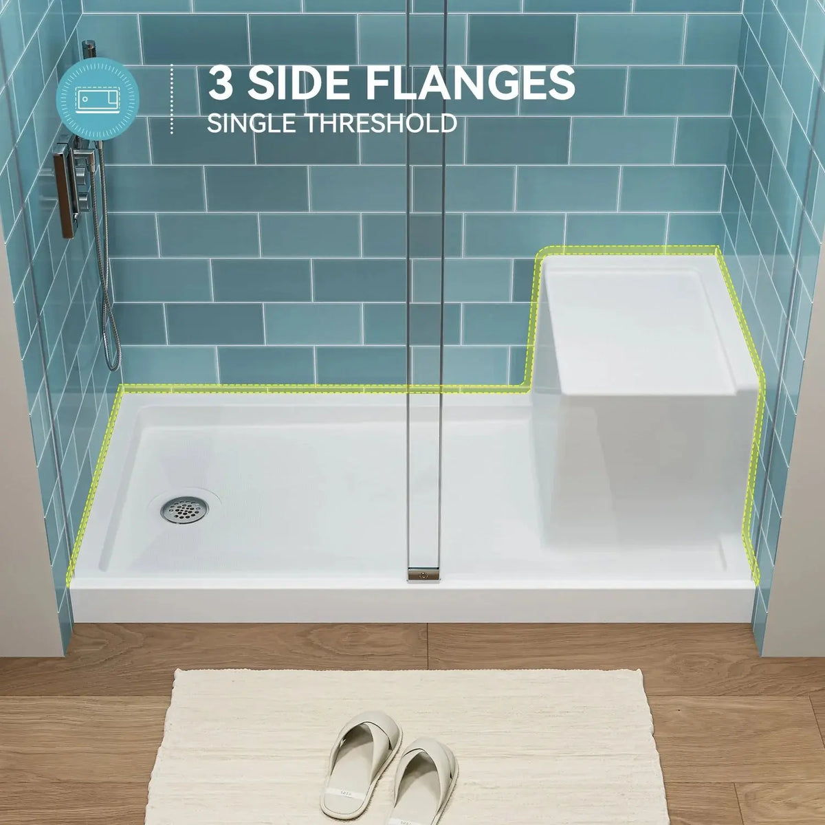 Shower Base with Chrome Left Drain and Seat Model SS6032-CH-L HOROW