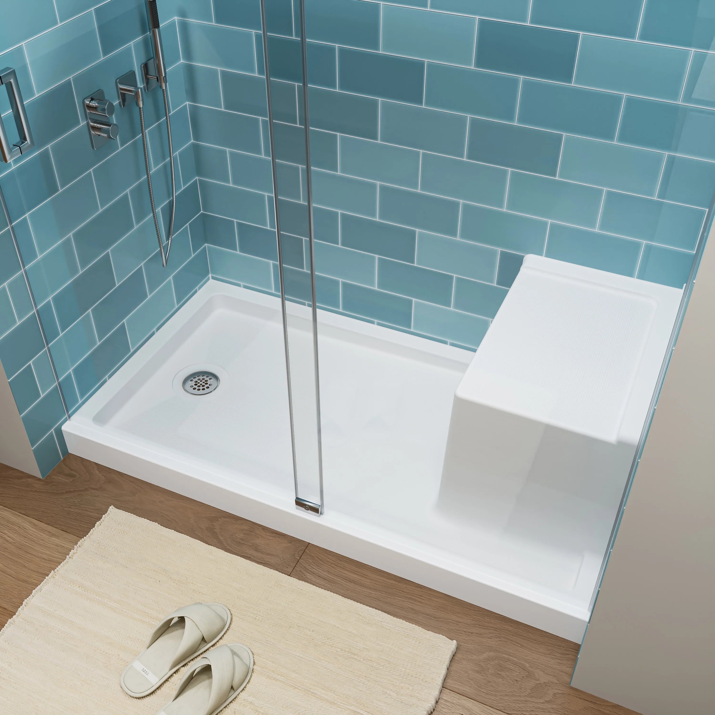 Shower Base with Chrome Left Drain and Seat Model SS6032-CH-L