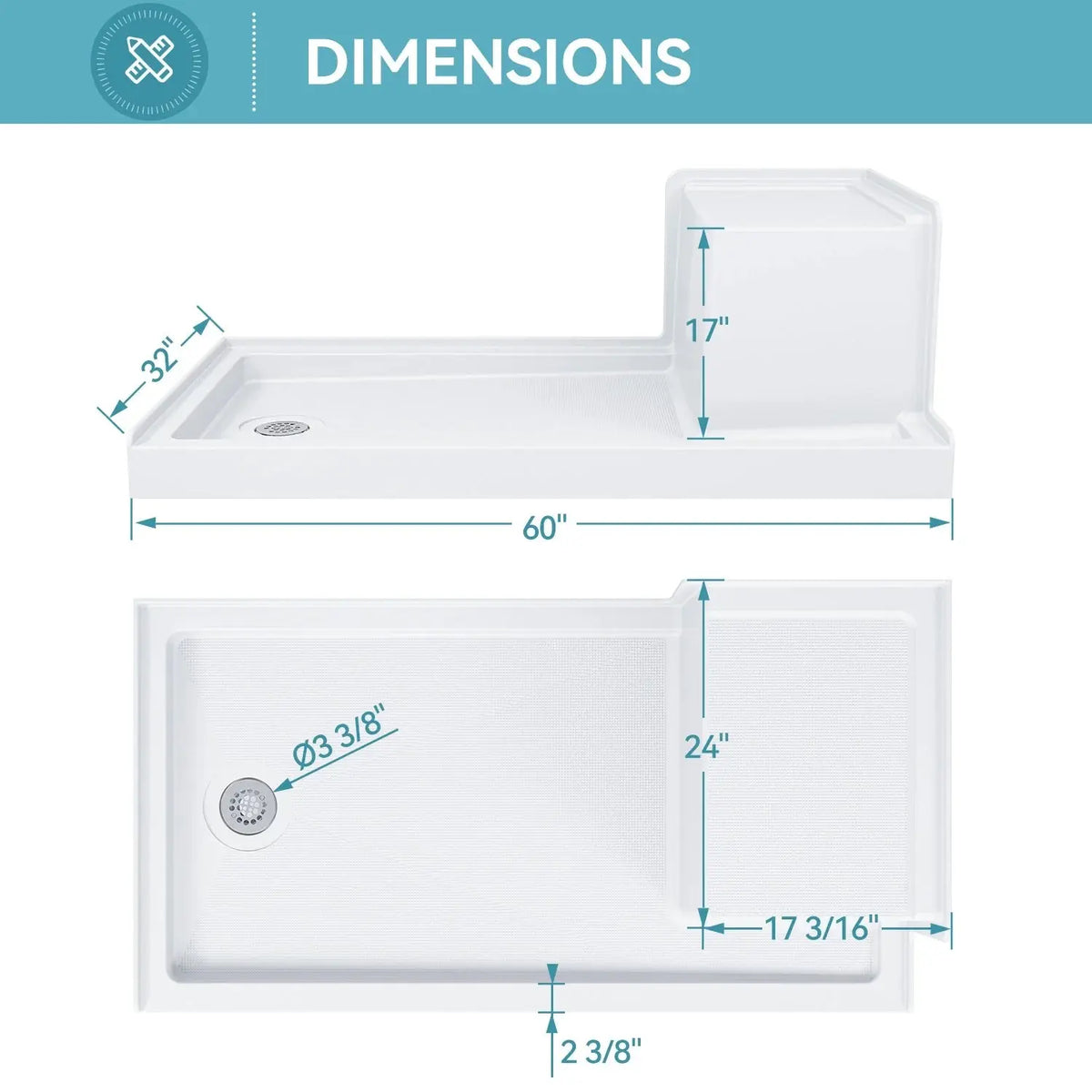 Shower Base with Chrome Left Drain and Seat Model SS6032-CH-L HOROW