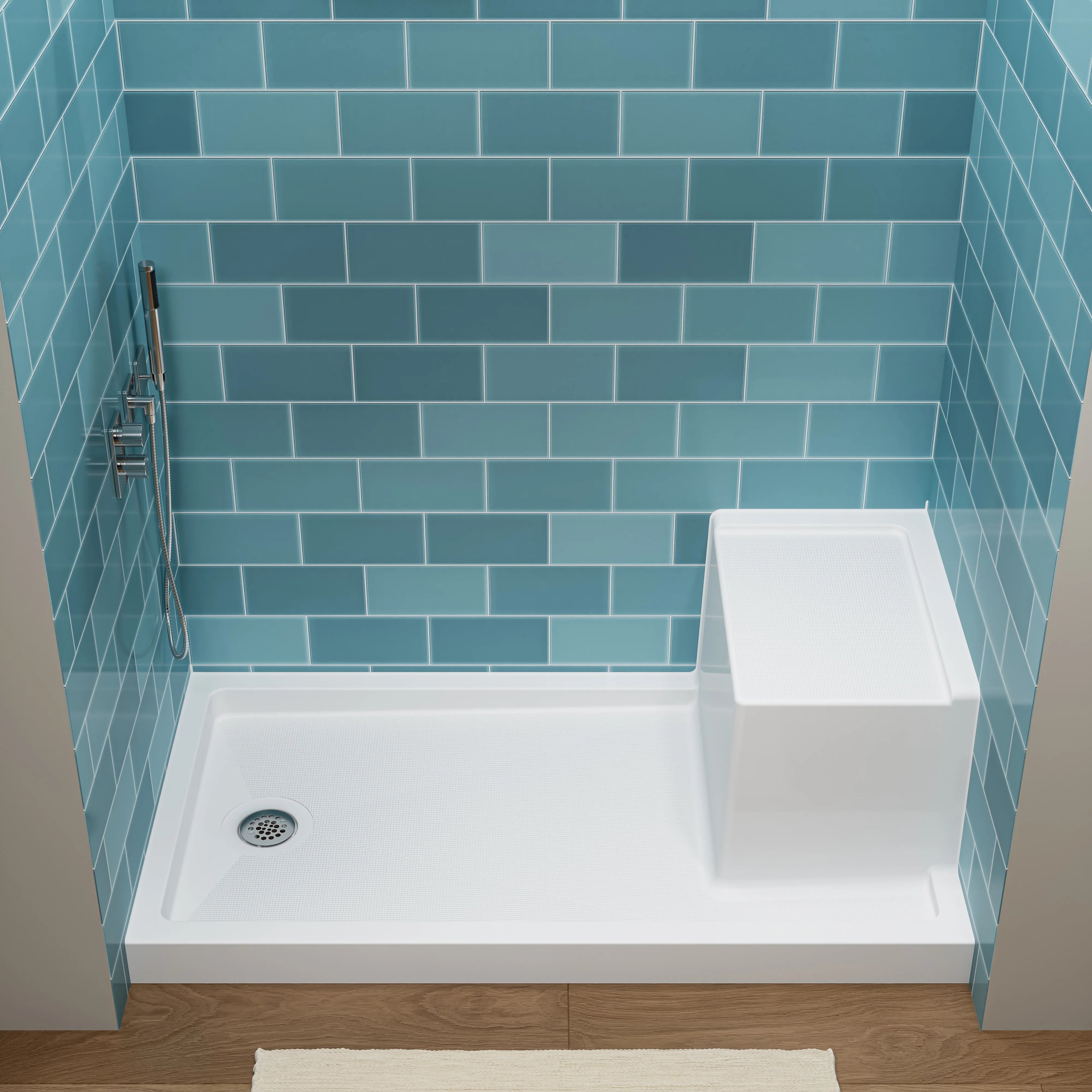 Shower Base with Chrome Left Drain and Seat Model SS6032-CH-L