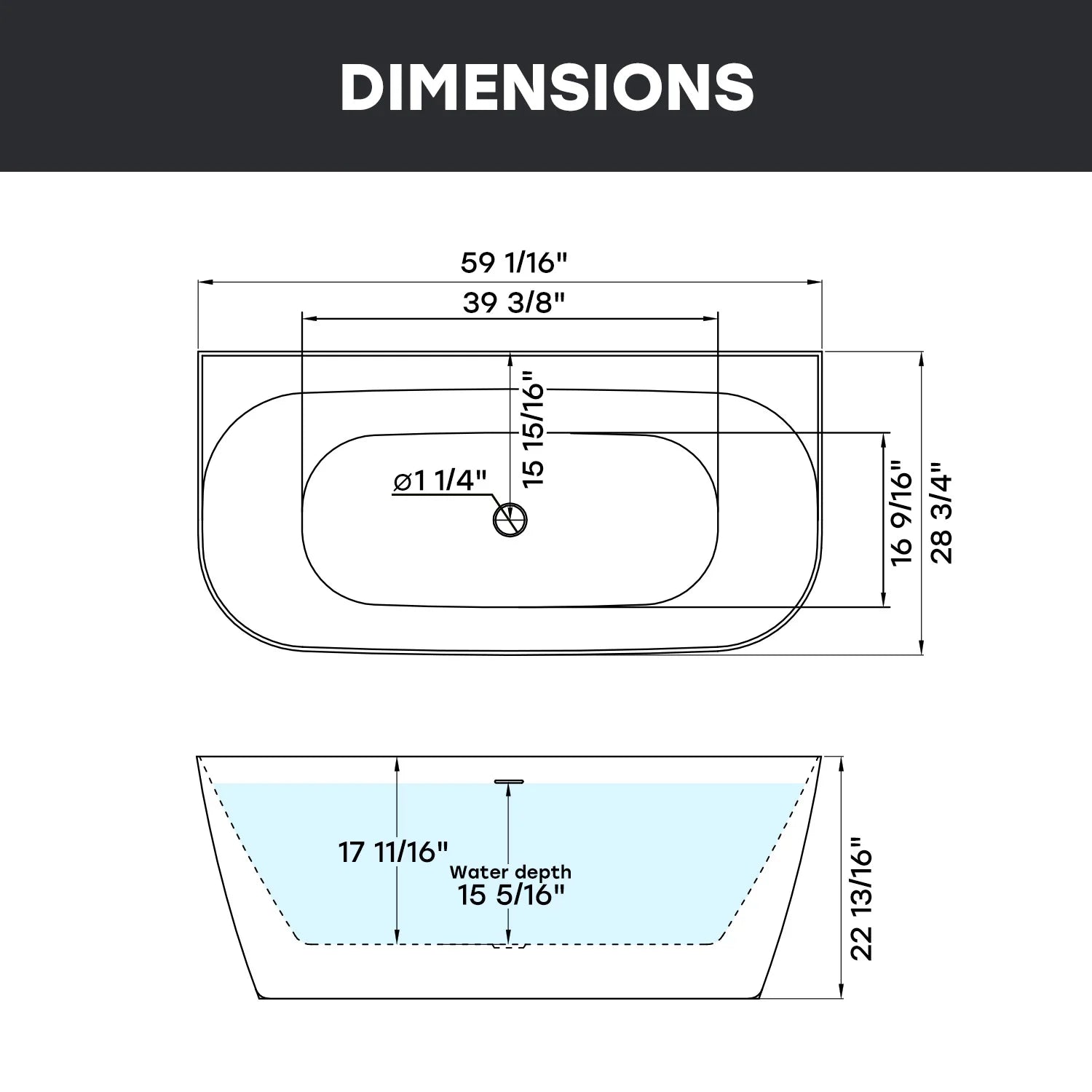 59 Inch Acrylic Back to Wall Tub with Faucet and Shower Head Model SU59-MB