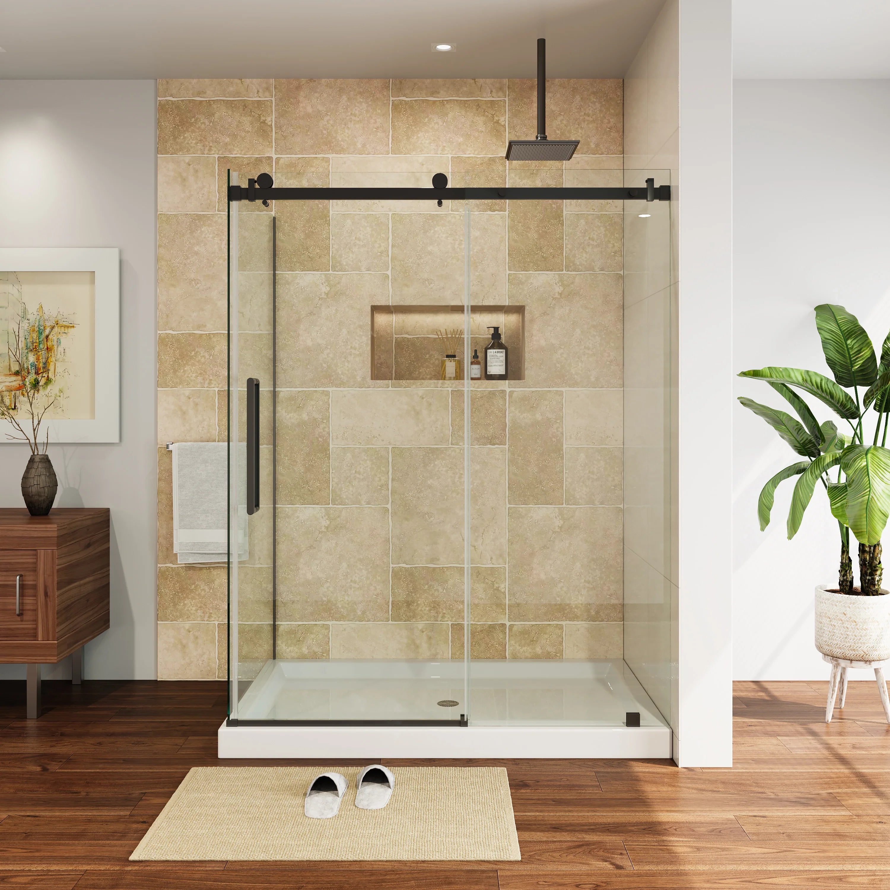 Frameless Sliding Shower Enclosure with Fixed Single Panel