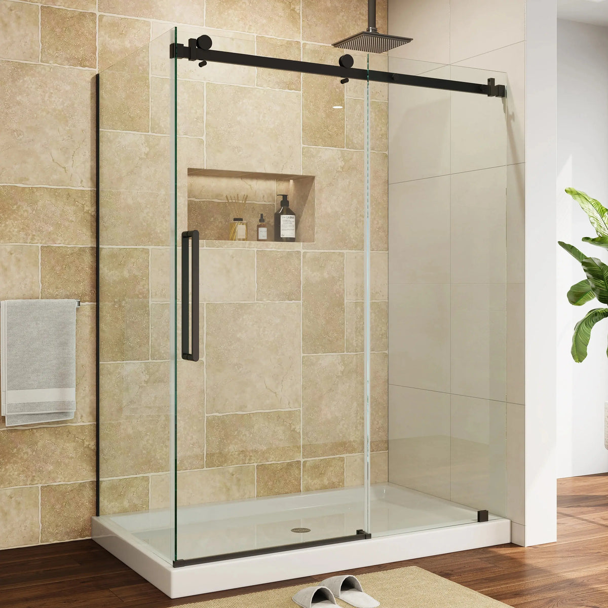 Frameless Sliding Shower Enclosure with Fixed Single Panel HOROW