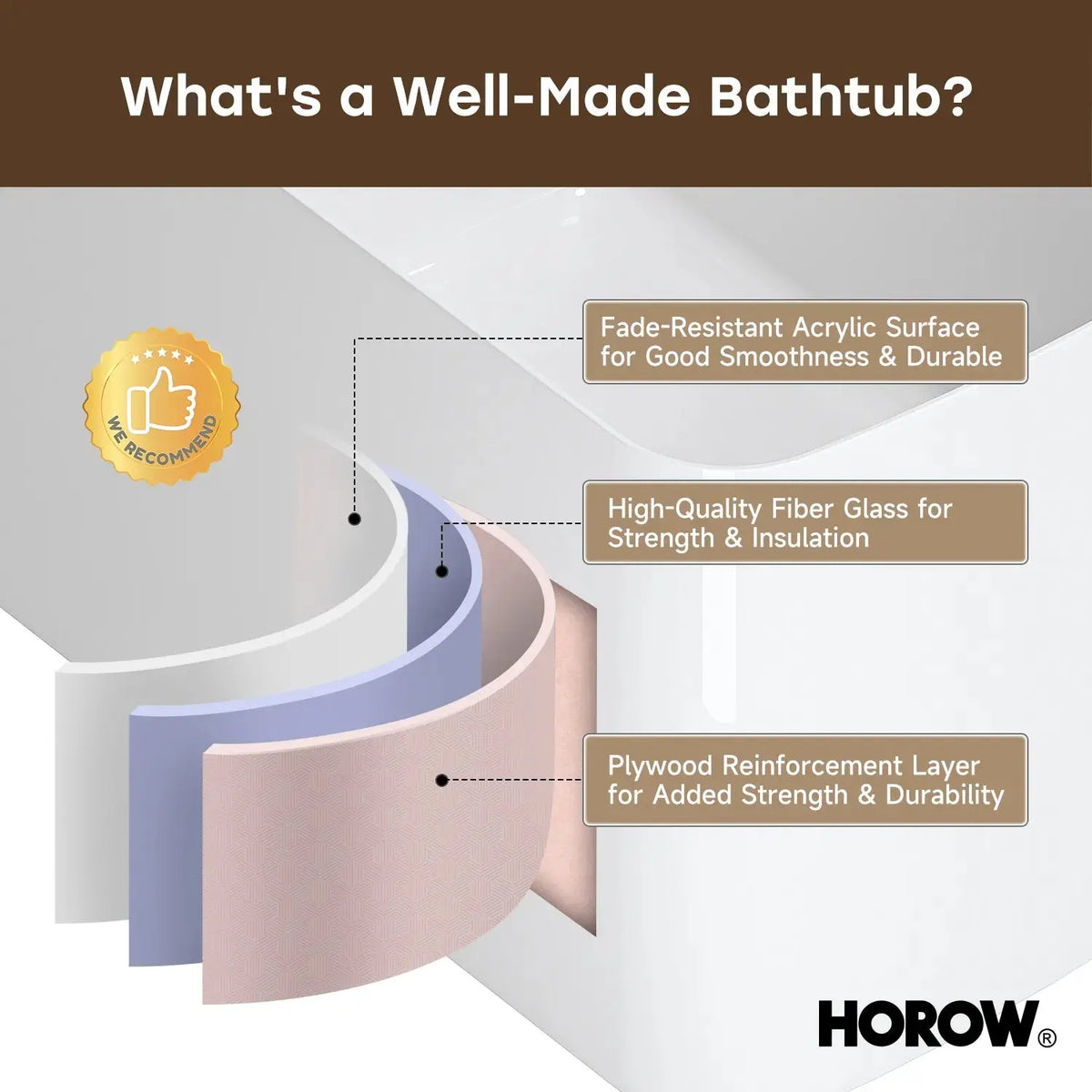 HOROW TU47-MBN-A 47" Acrylic Freestanding Soaking Bathtub