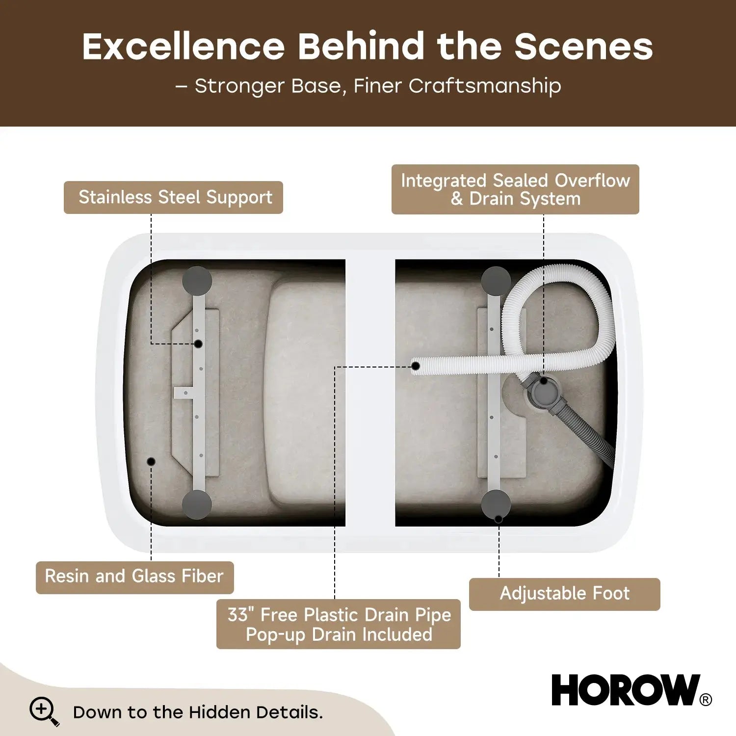 HOROW TU47-MBN-A 47" Acrylic Freestanding Soaking Bathtub