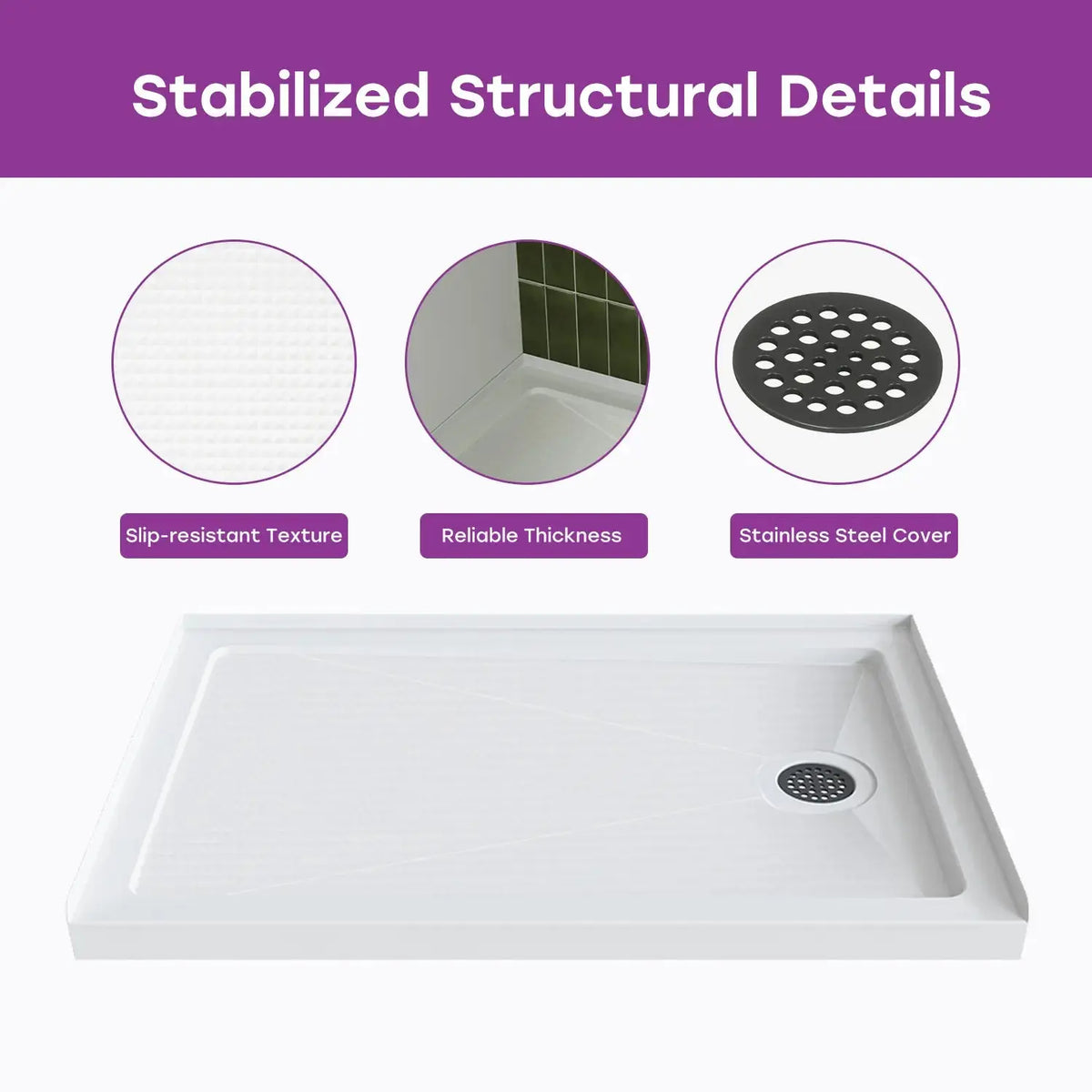 White Shower Pan with Right Drain and Acrylic Model BS4832-MB-R HOROW