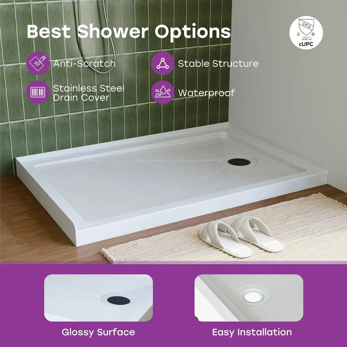 White Shower Pan with Right Drain and Acrylic Model BS4832-MB-R HOROW