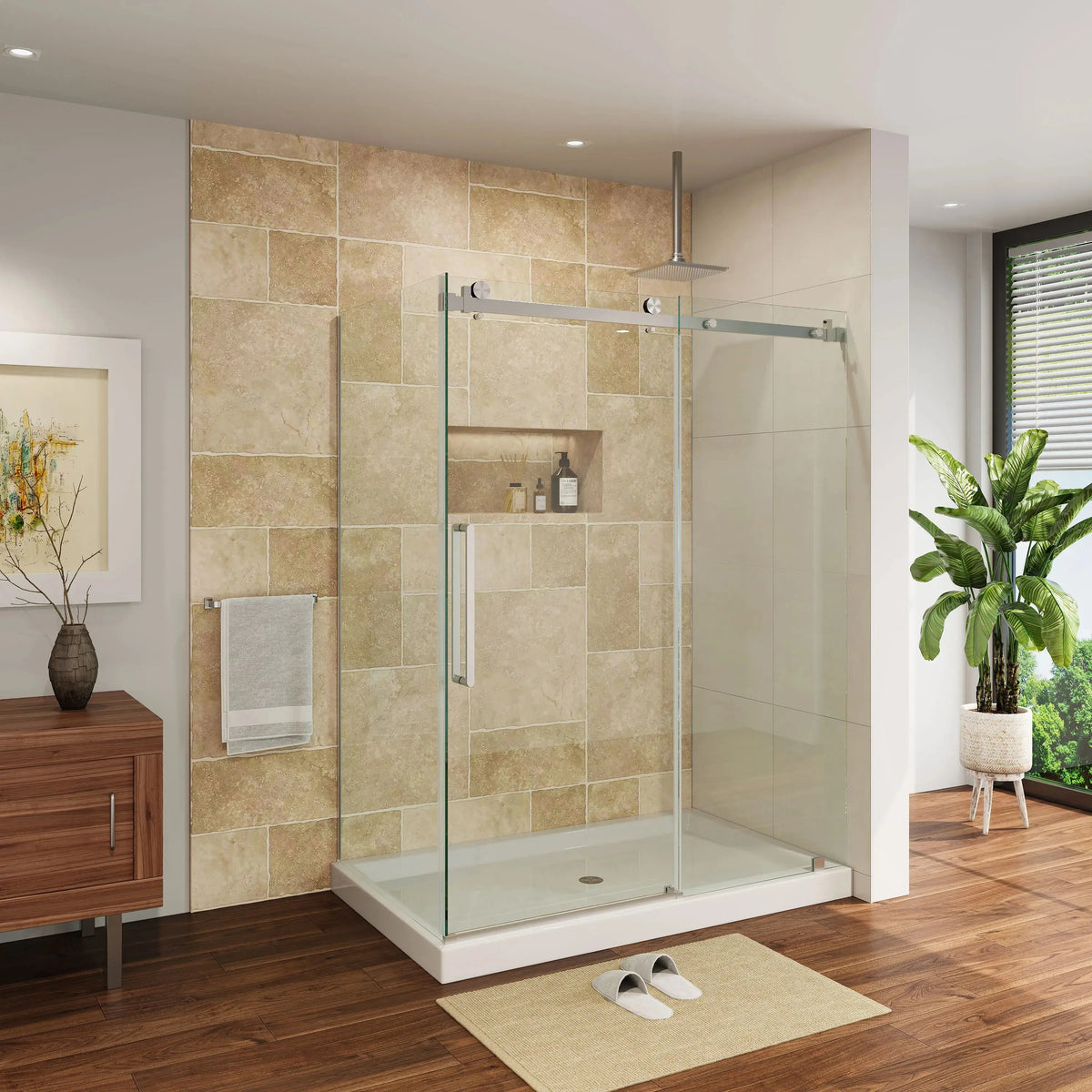 HOROW TE6076-SE-BN Brushed Nickel Frameless Corner Sliding Shower Enclosure Set