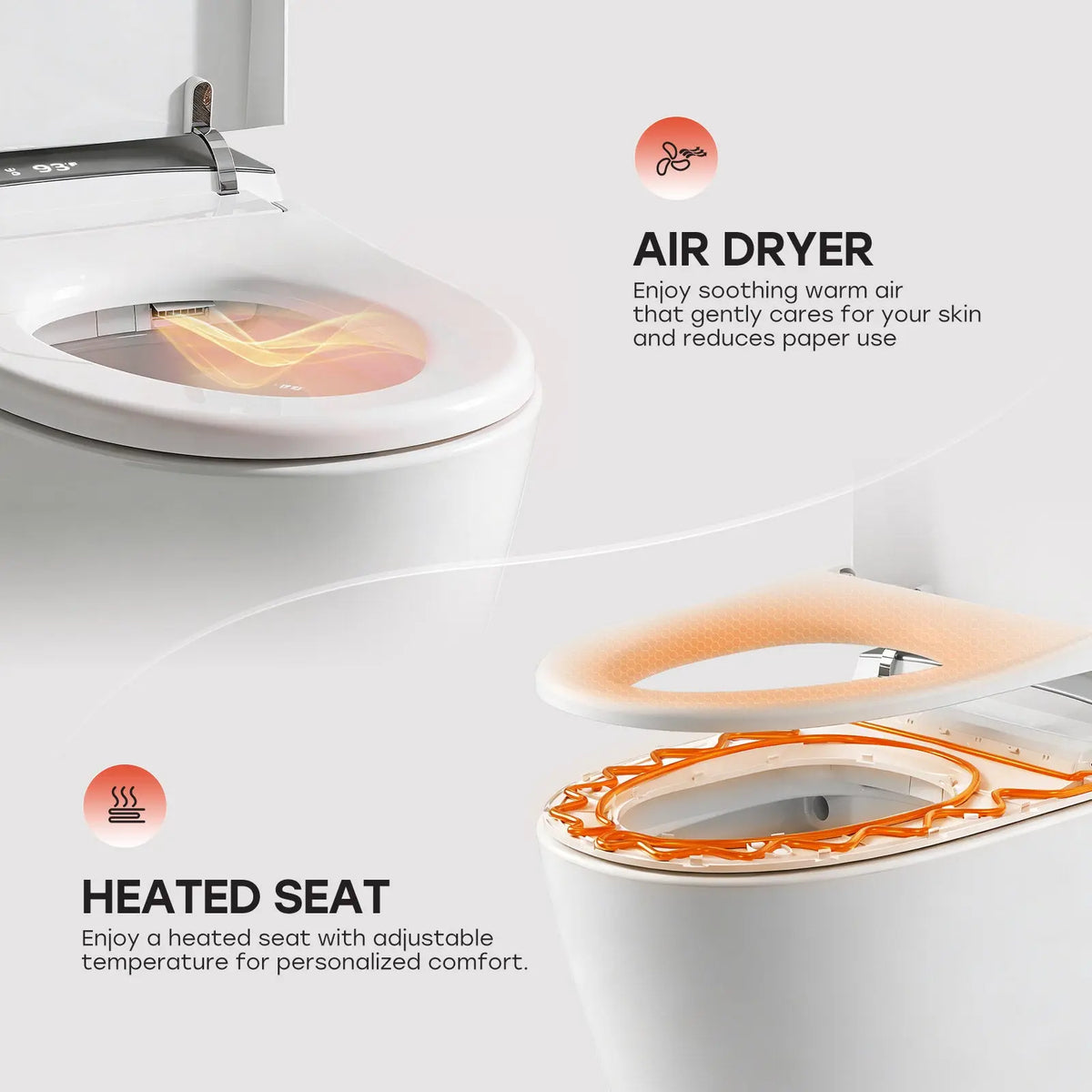 HORWOW T03 Tankless Elongated Smart Toilet Bidet in White with Auto Flush, Heated Seat, Warm Air Dryer, Bubble Infusion Wash