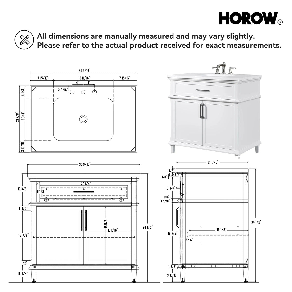 HOROW HR-VNA36 36" Bathroom Vanity Set with Matte Black Hardware