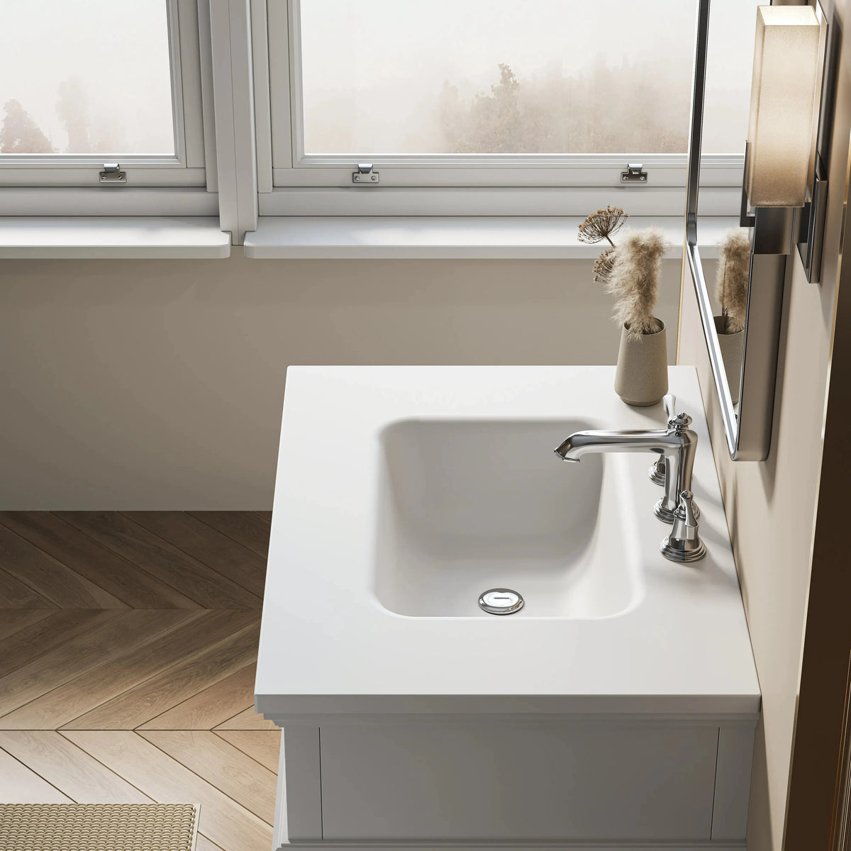 HOROW HR-VNA30D Integrated Everstone Single Sink Vanity Top - 30" Solid Surface Basin, Seamless Hygienic Design