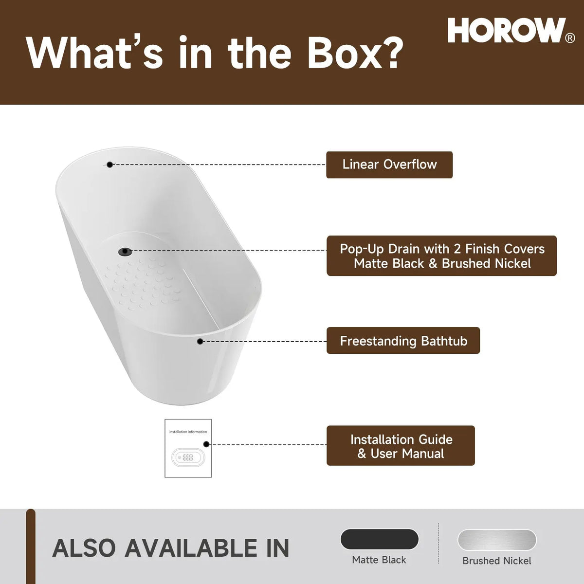 HOROW 59 Inch Deep soaking Tub Acrylic Freestanding Tub Model TU59-N-A