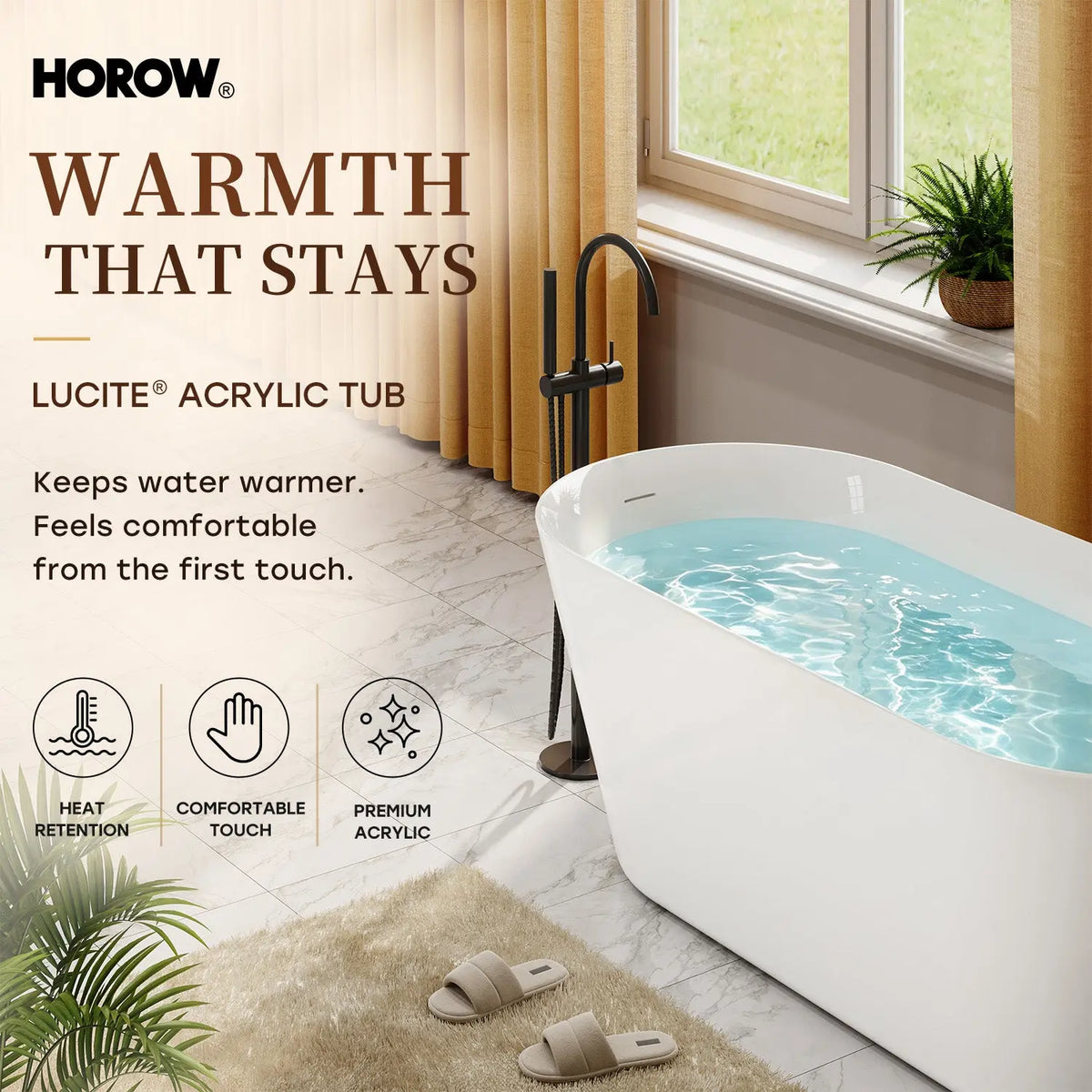 HOROW 59 Inch Deep soaking Tub Acrylic Freestanding Tub Model TU59-N-A