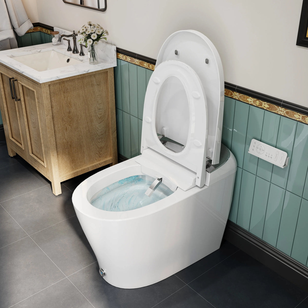 HOROW T03-AOCElongated Smart Bidet Toilet 1.1 GPF in White with Auto Open/Close, Tank, Heated Seat, Auto Flush, UV Purification