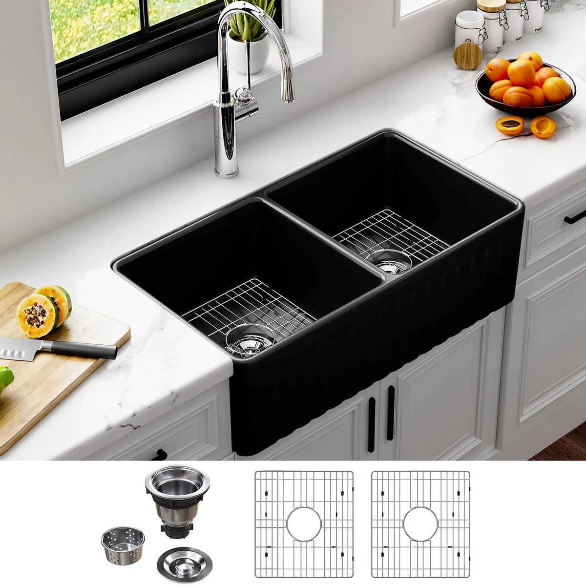 HOROW 33 Inch Farm Kitchen Sink Double Basin Fireclay Model HR-DS3318B HOROW