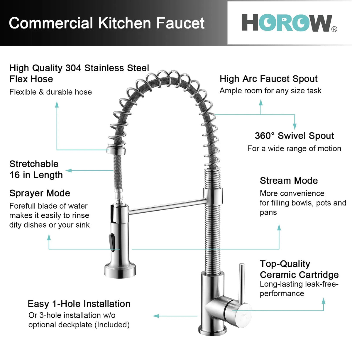 HOROW Best Kitchen Faucet With Pull Down Sprayer Model HR-KF0229B HOROW