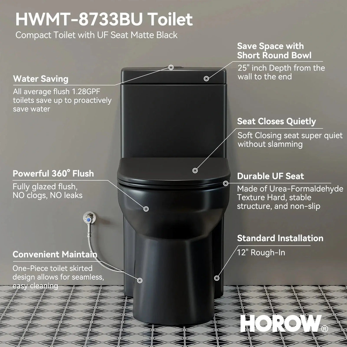 Matte Black Toilet with Skirted and UF Seat for 12 Inch Rough In Model 8733BU HOROW