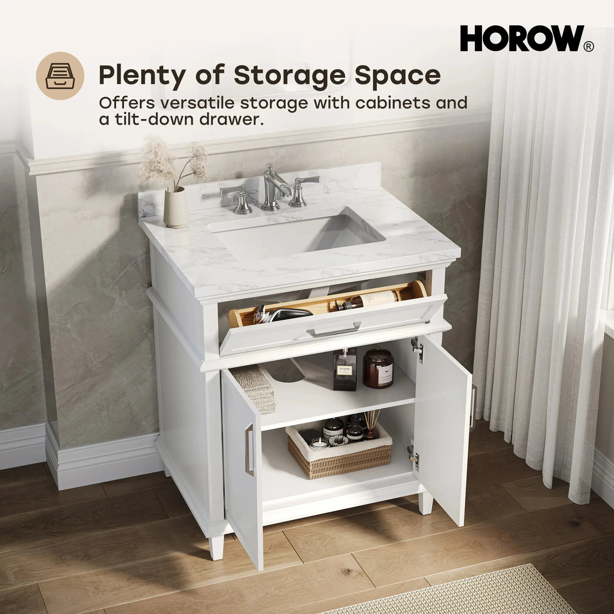 HOROW HR-VNB30  30" Bathroom Vanity Set with Tilt-Down Drawer & Marble Top